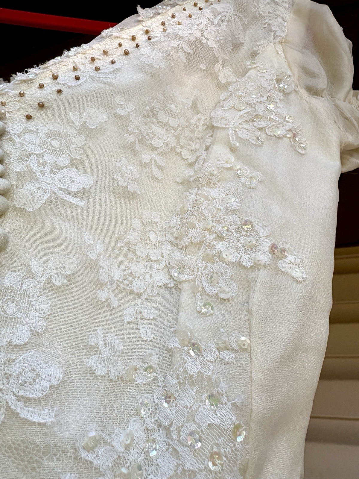 Vintage 1950s Satin & Lace Button Back Wedding Dress w Beads, Bow & Lace Gloves