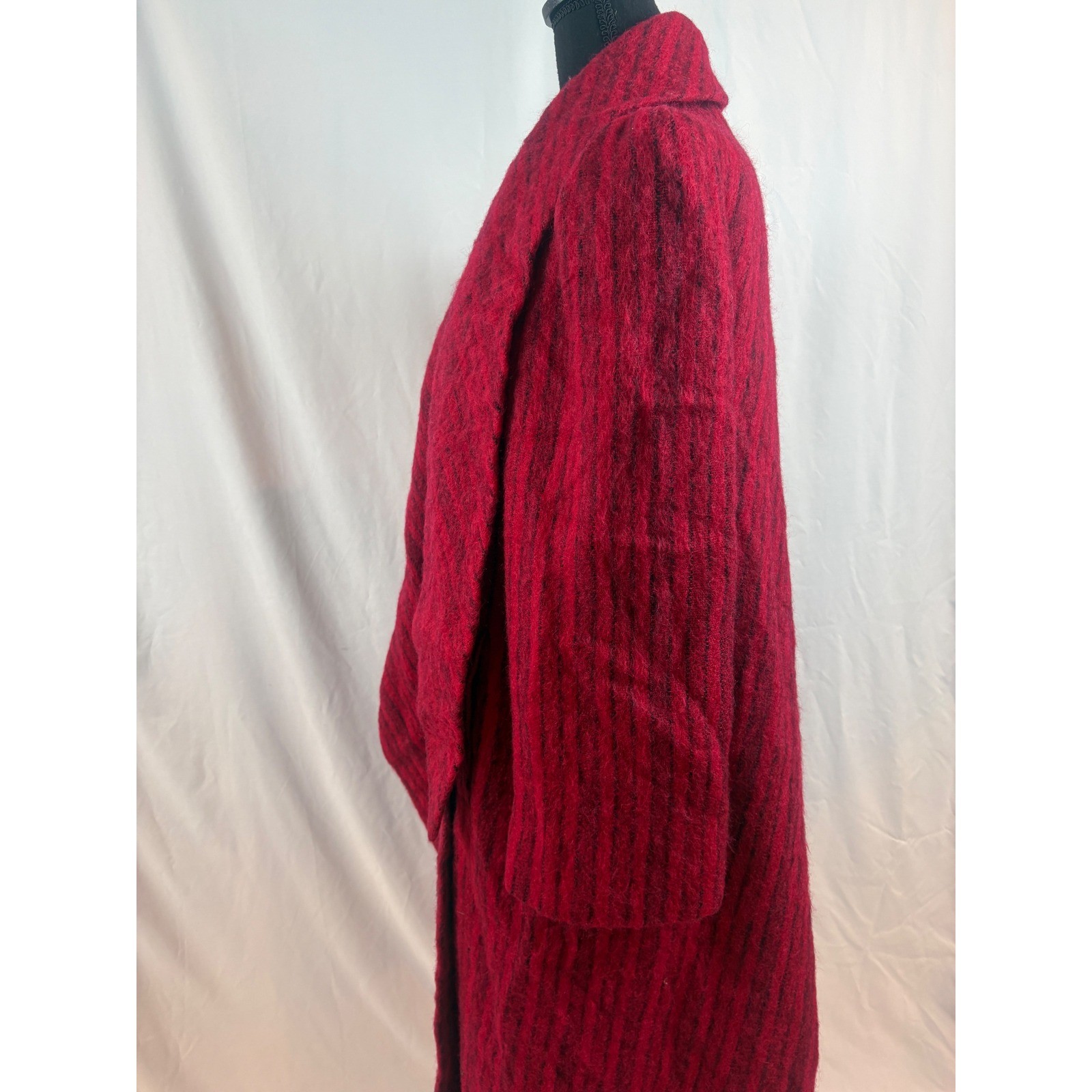 Vintage Pauline Trigere Red Black Stripe Mohair Wool Maxi Coat Scarf Collar 10