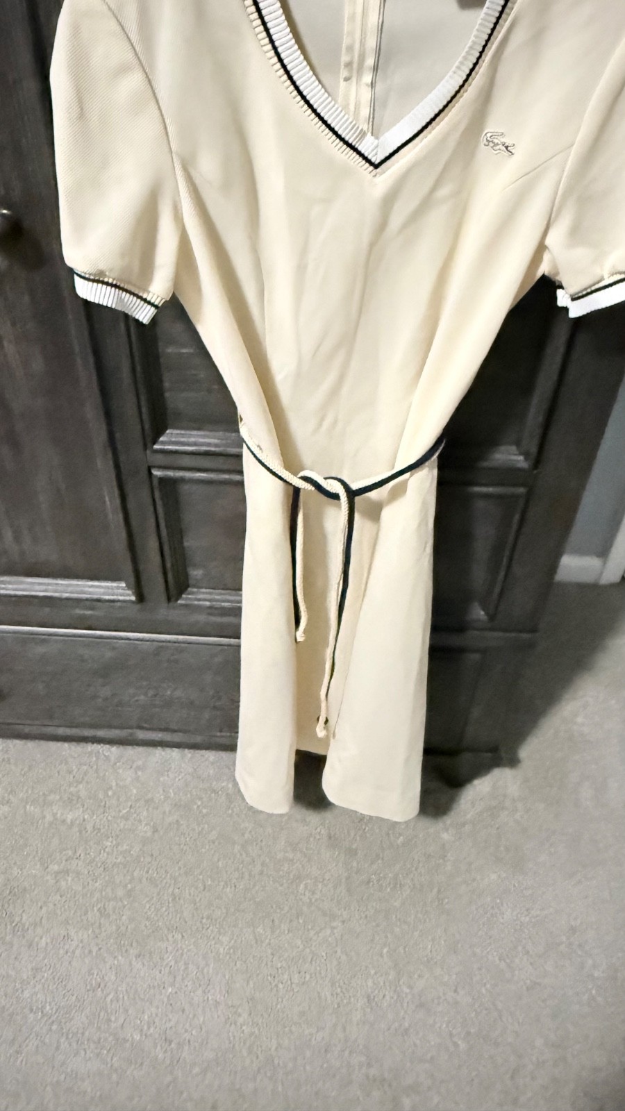 Vintage David Crystal Lacoste Tennis Dress USA Cream Navy Trim Belted Size 12