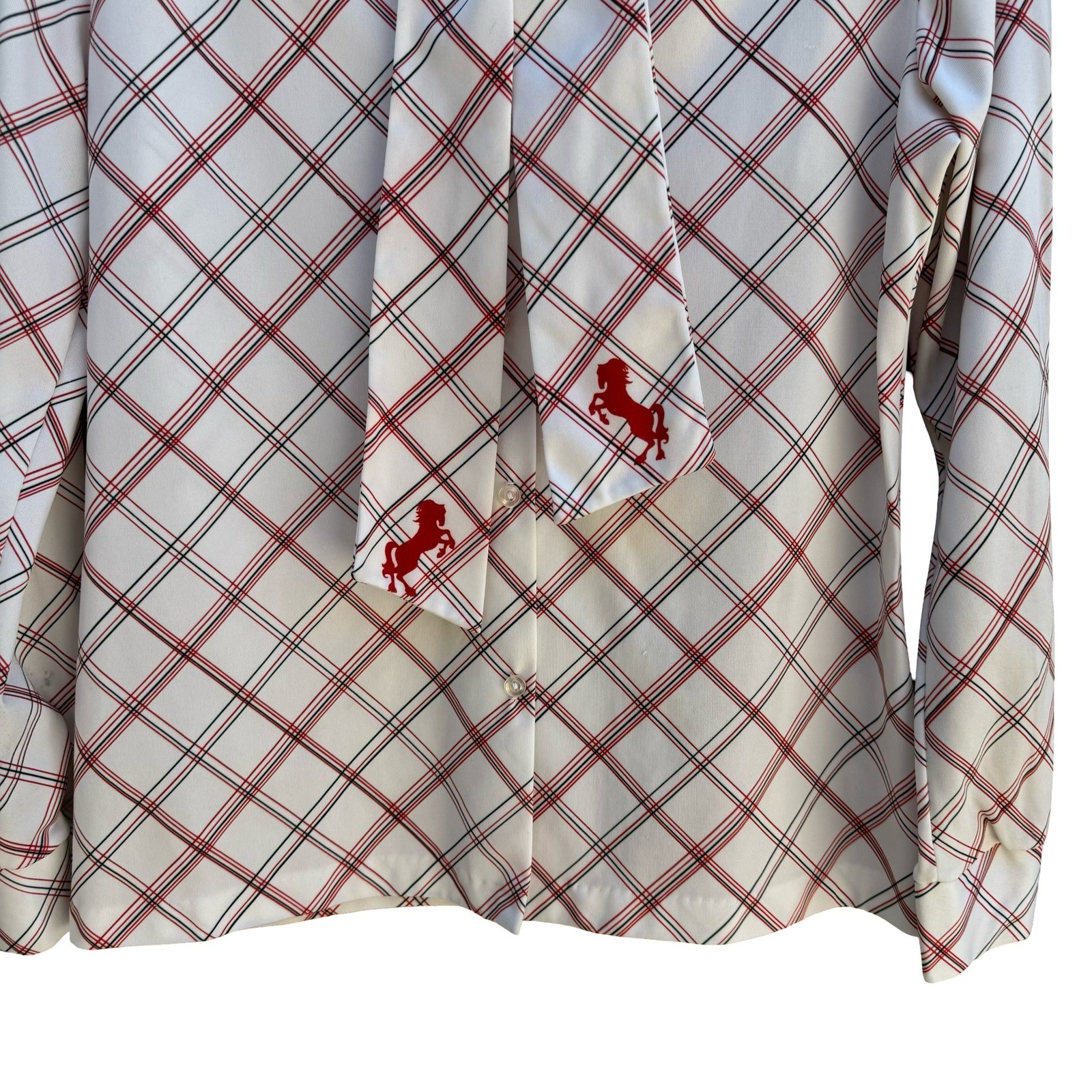 Vintage 70s Bow Tie Neck Blouse Plaid Equestrian Horse Print Americana Retro USA
