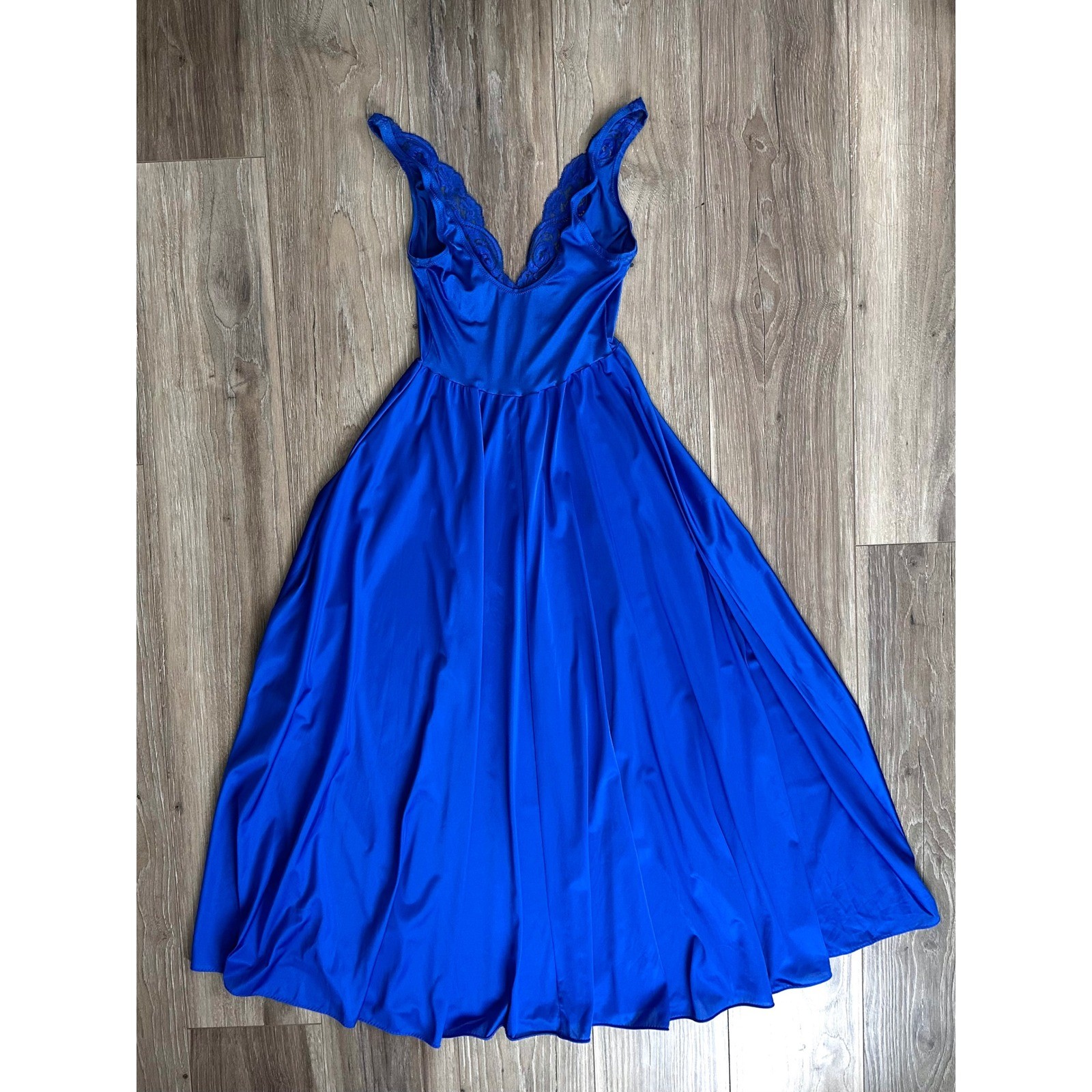 Vintage Vandemere Olga Cobalt Blue Maxi Nightgown M Lace Bodice Full Sweep Glam