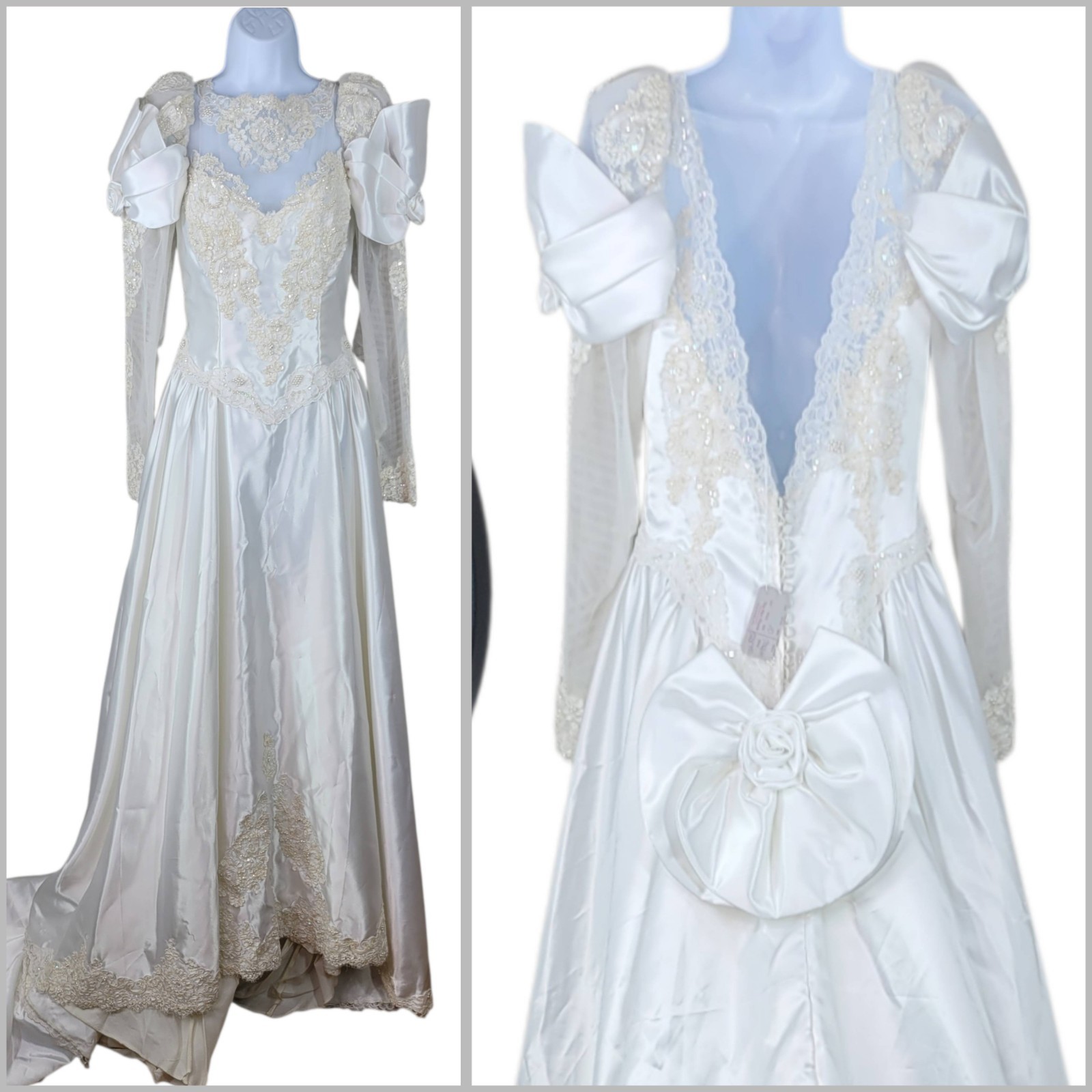 NEW Satin Lace 80s 90s Wedding Dress 8 10 Long Puff Sleeve Train Beaded Sequin