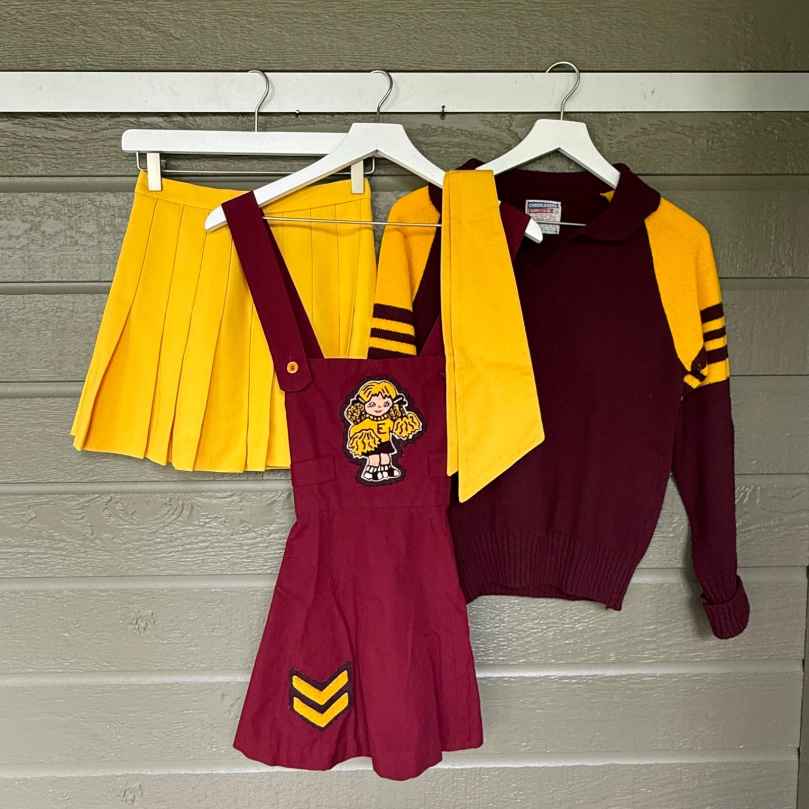 Vintage Cheerleader Uniform Skirt Sweater Jumper Maroon Yellow Chenille Patch