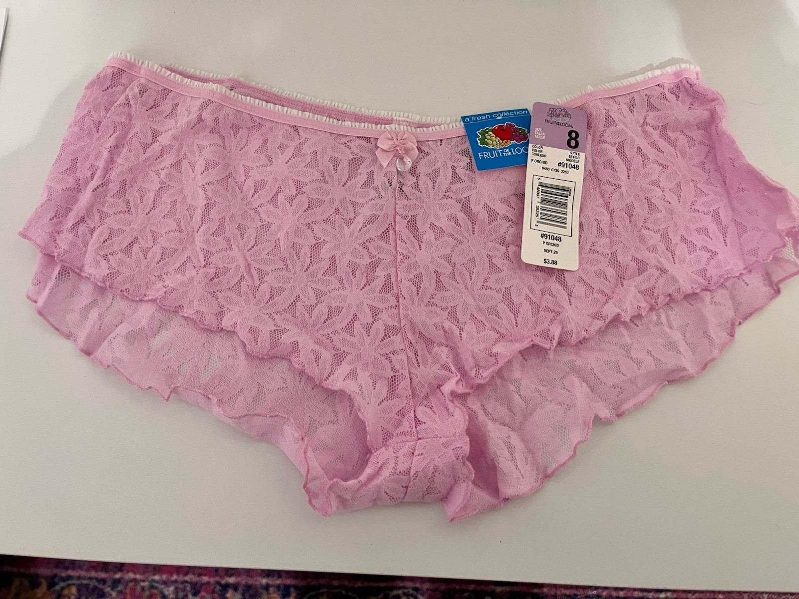 Lace See Thru Boyleg Boy shorts Fruit of Loom NWT Pink Orchid Lacy Panties 8 L