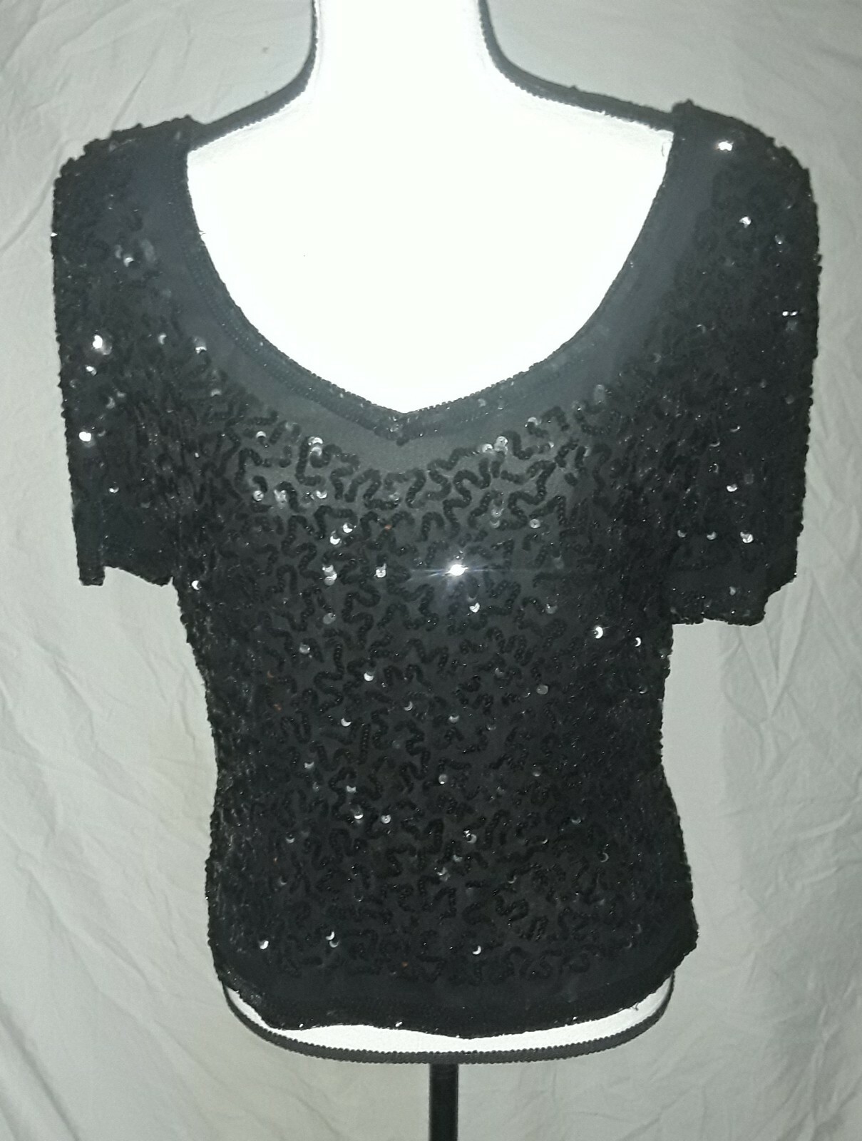 VINTAGE ANAGE EVENINGS SILK SEQUIN BLACK TOP L/XL