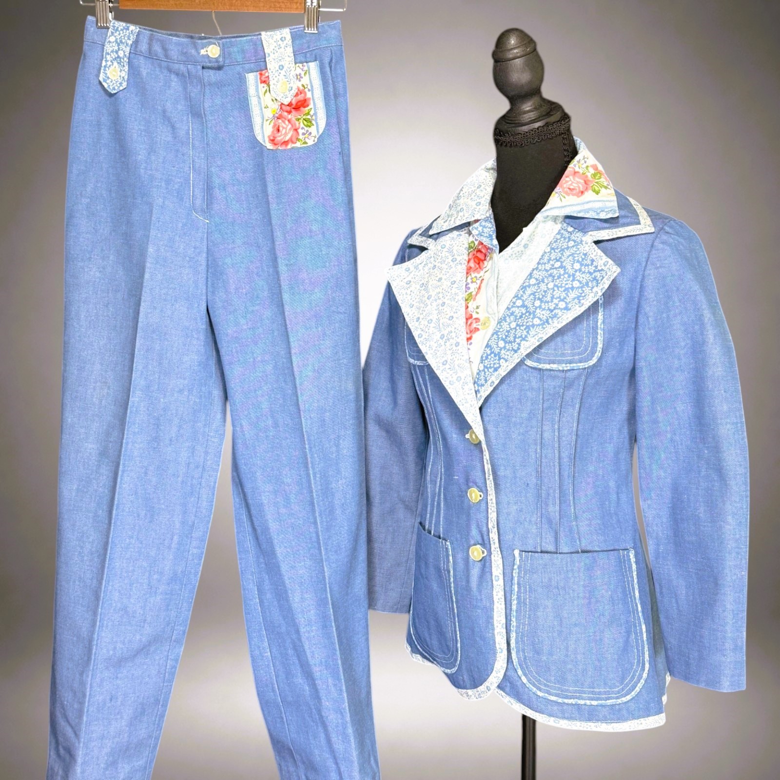 Vintage 1970s Handmade 3 Pc Denim Pant Suit Floral Boho Prairie Women’s Set