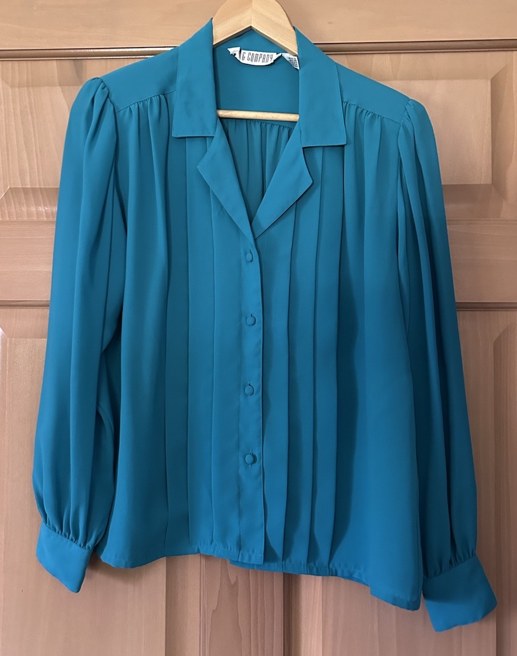 Vintage SK & CO Long-Sleeve Pleated Secretary Blouse Deep Teal/Turquoise Size 8