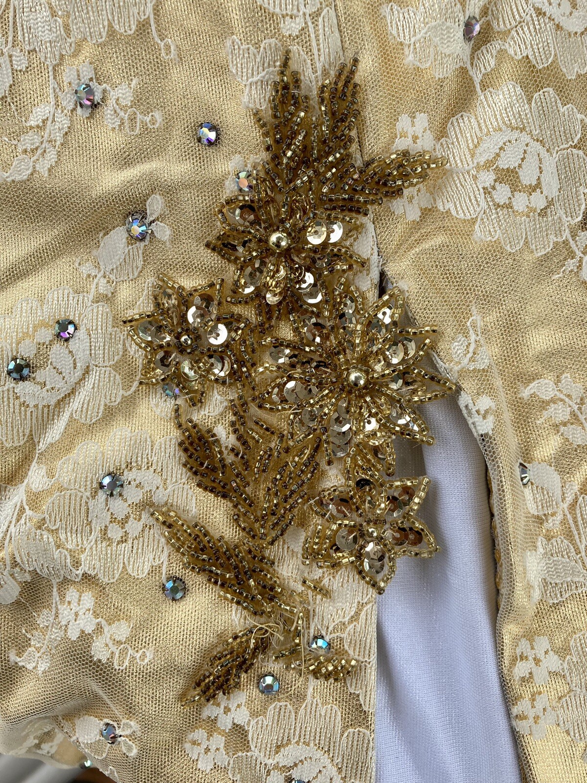 1980s GOLD LONG DRESS w/Lace and Rhinestones; Fancy Trim d1-2