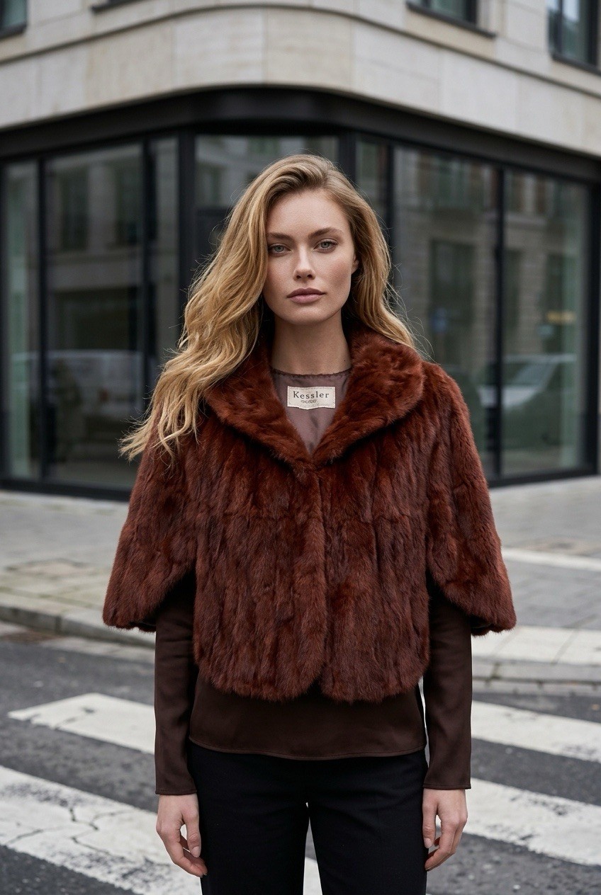 Vintage KESSLER Furrier St Louis Dyed Dark Red Mink Fur Shawl Collar CAPE PONCHO