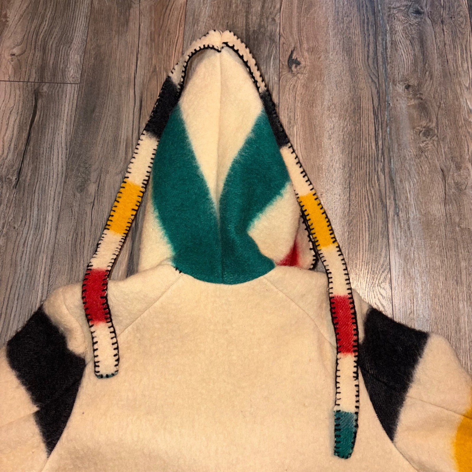 Vintage Handmade Hudson Bay Style Wool Blanket Coat Multi Stripe Hooded Belted