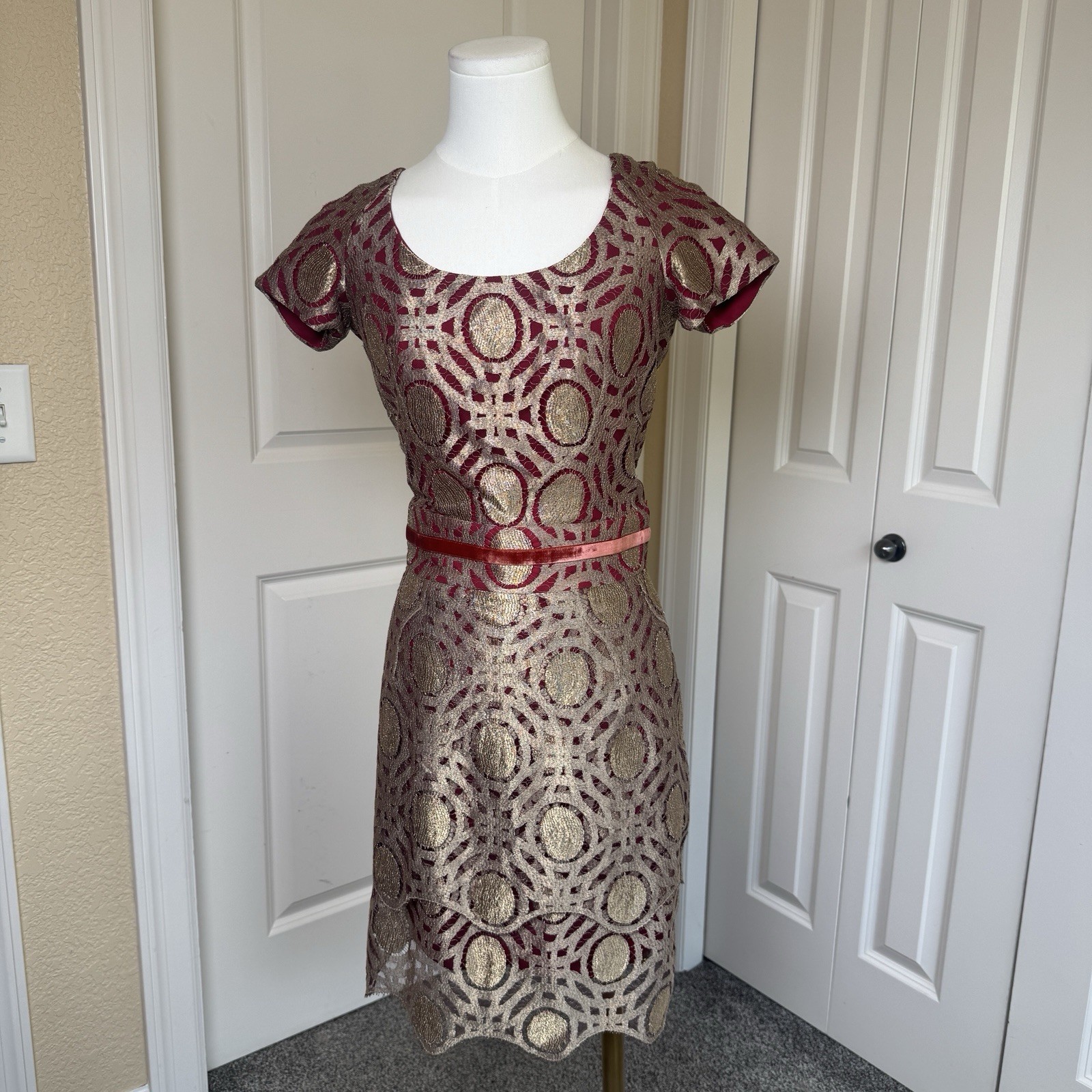 Vintage Jeanne Lanvin Paris 100% Silk Red And Gold Lace Dress XS/S Tagged 36