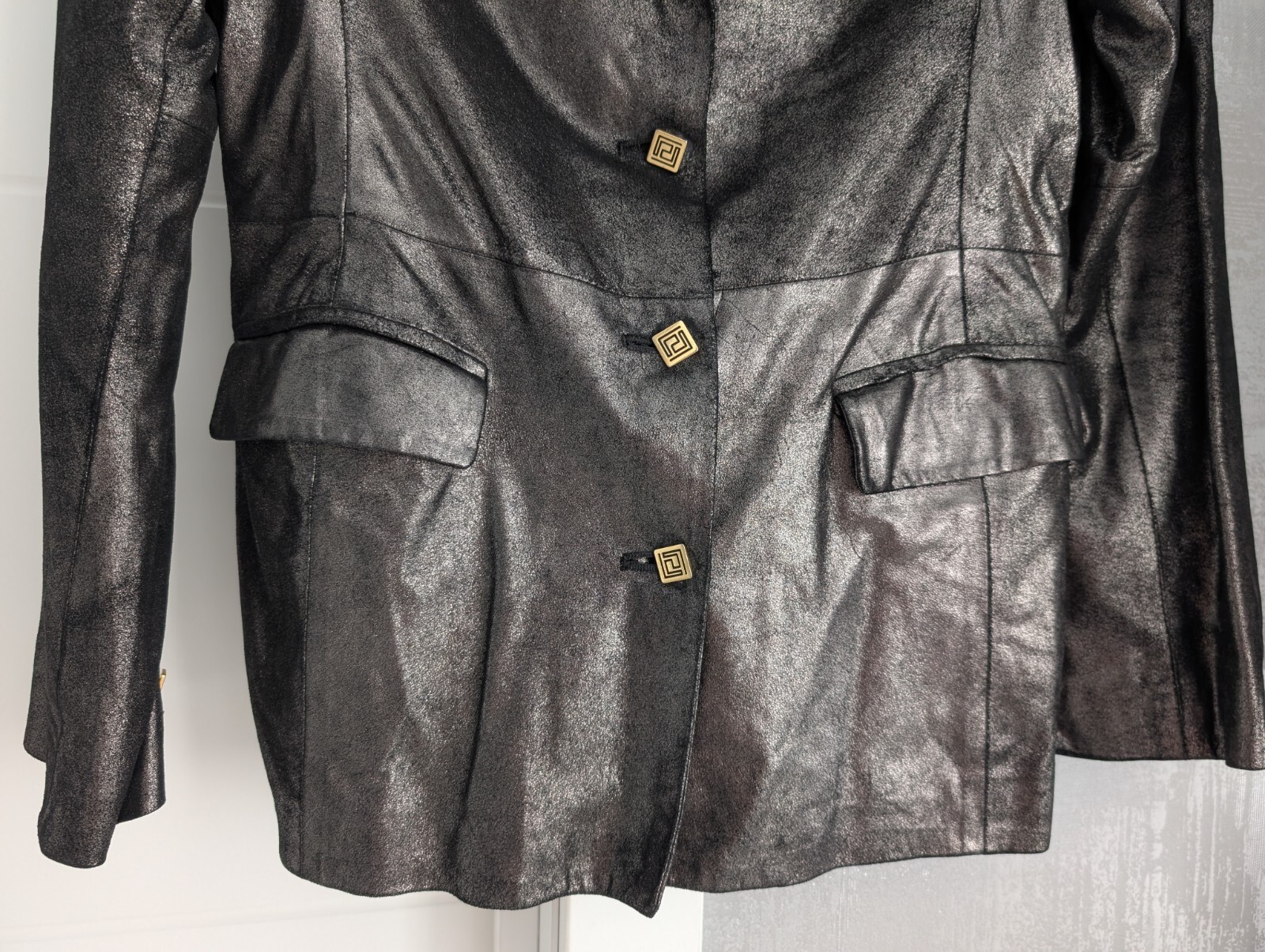 Versace Classic V2 Soft Shiny Leather Jacket Blazer Iridescent Metallic Gray M