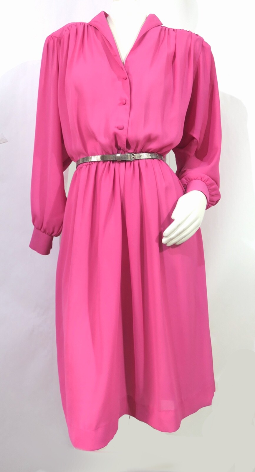 Vtg 70s 80s Willi Calif Vivid Pink Sheer A Line Dolman Bishop Shirt Dress M