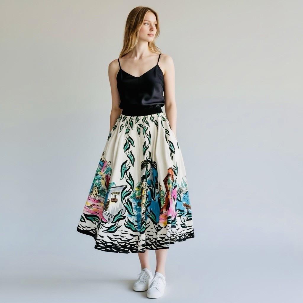 Vtg 50s Village Hand Painted Mexican Tourist Circle Patio Skirt XS