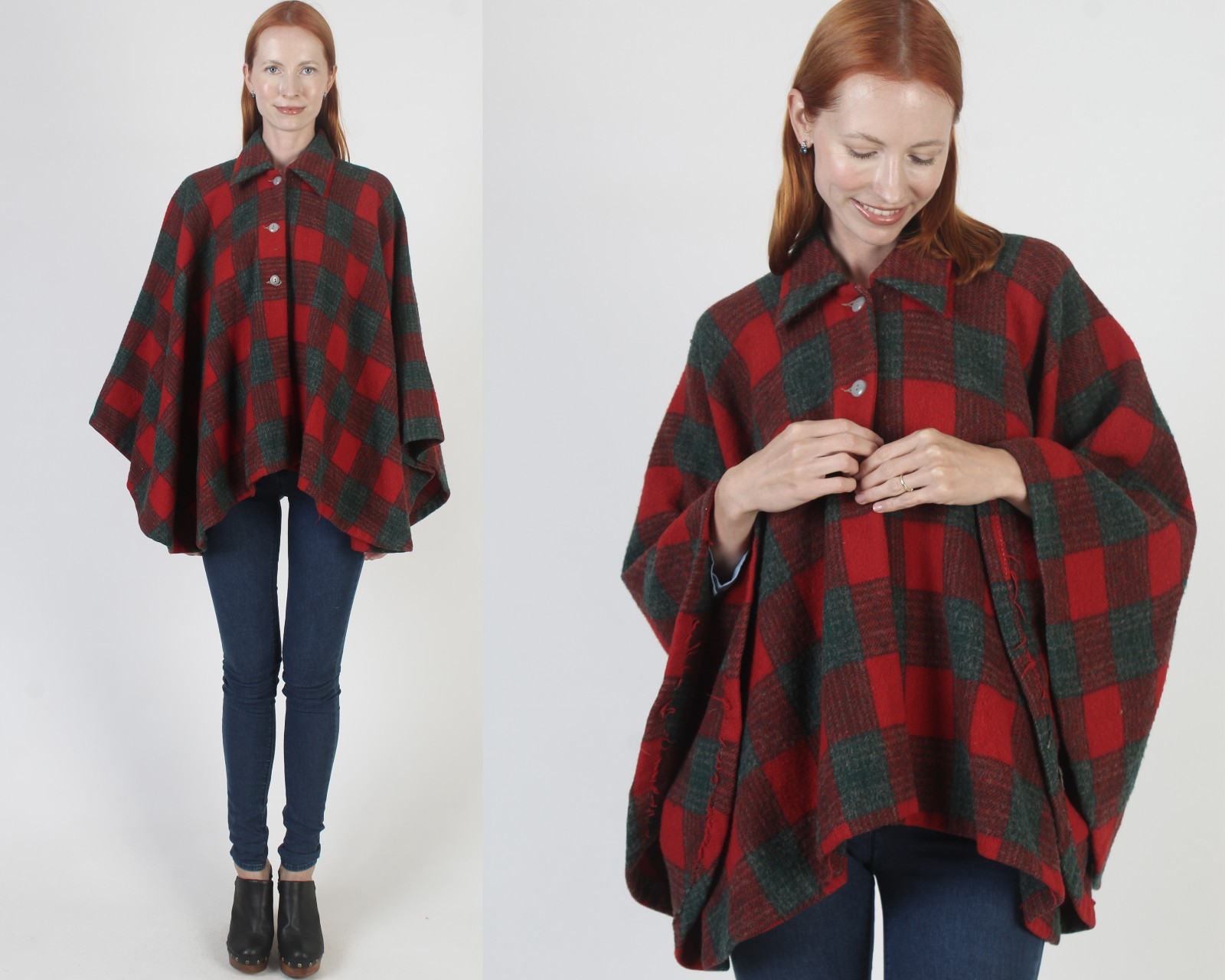 Vintage 50s Tartan Plaid Cape Gingham Holiday Wool Cocoon Poncho Coat Jacket