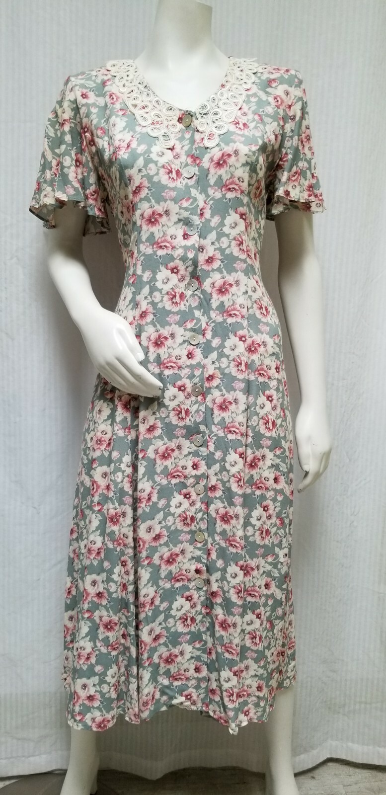 Vintage CDC Seafoam Green Floral Rayon Button Front Cottagecore DRESS – Size S