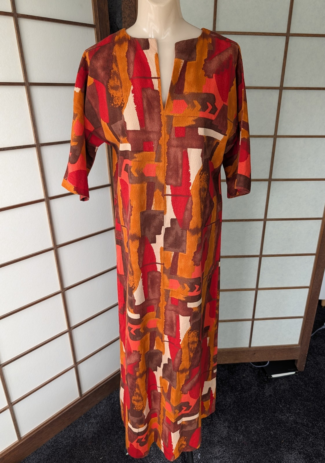 Vtg 70s Bark Cloth Caftan Dress MuuMuu Hand Made Abstract Geometric Hippie Boho