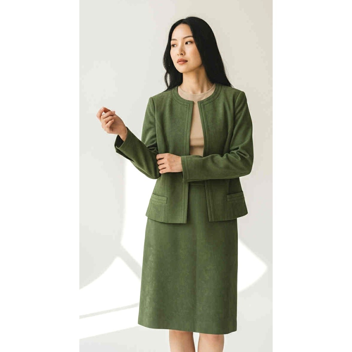Vintage 70s James Chen Hong Kong Brushed Suede 2-Piece Skirt Suit Moss Green S