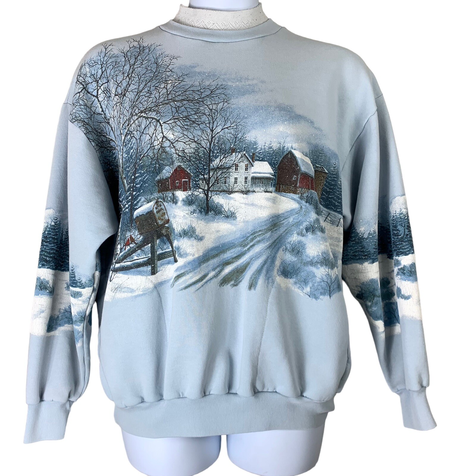 Vintage Sweatshirt Mock Neck Pockets Farm Nature Scenery Graphics Wildlife Fed.