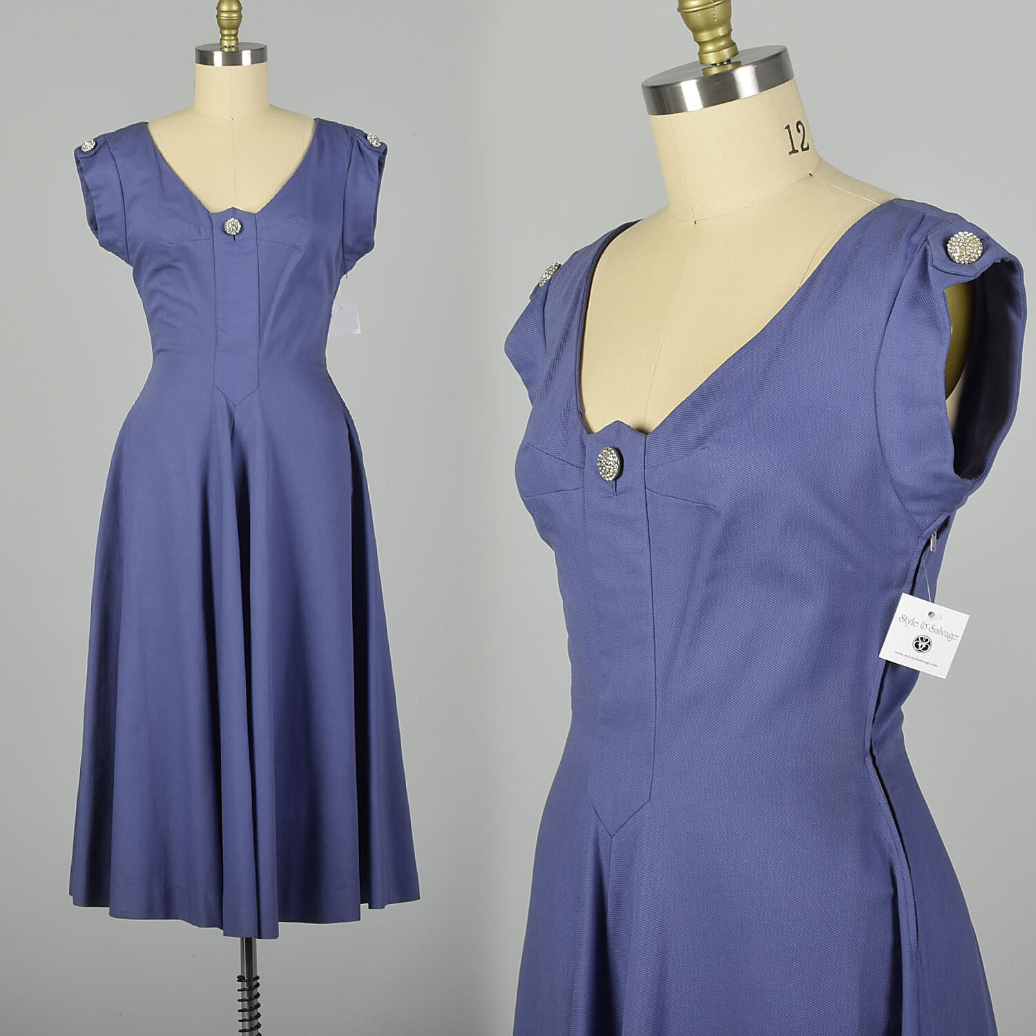 Medium 1950s Pauline Trigere Dress Blue Summer Short Sleeve Fit and Flare VTG
