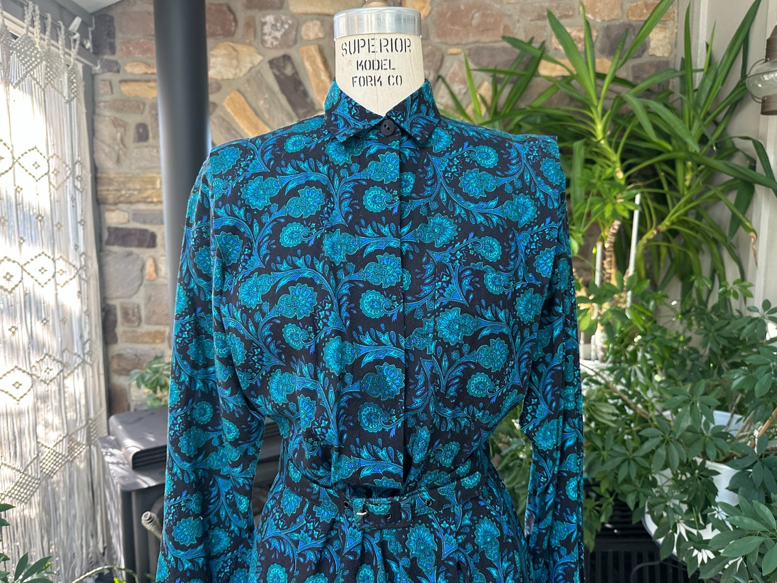 Vintage 1980s Black Blue and Green Floral Rayon Wide Belt Dress California Girl