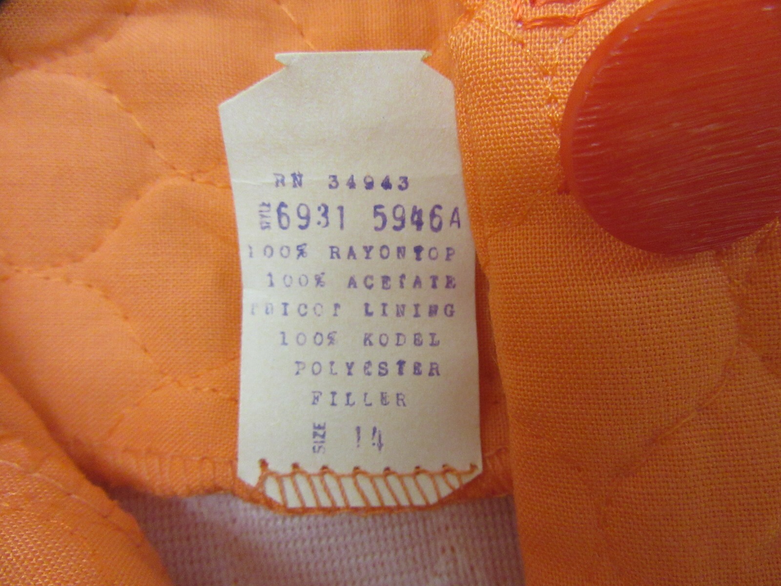 Vintage Kodel Quilted House Coat Orange Size 14 Button Front 1 Pocket
