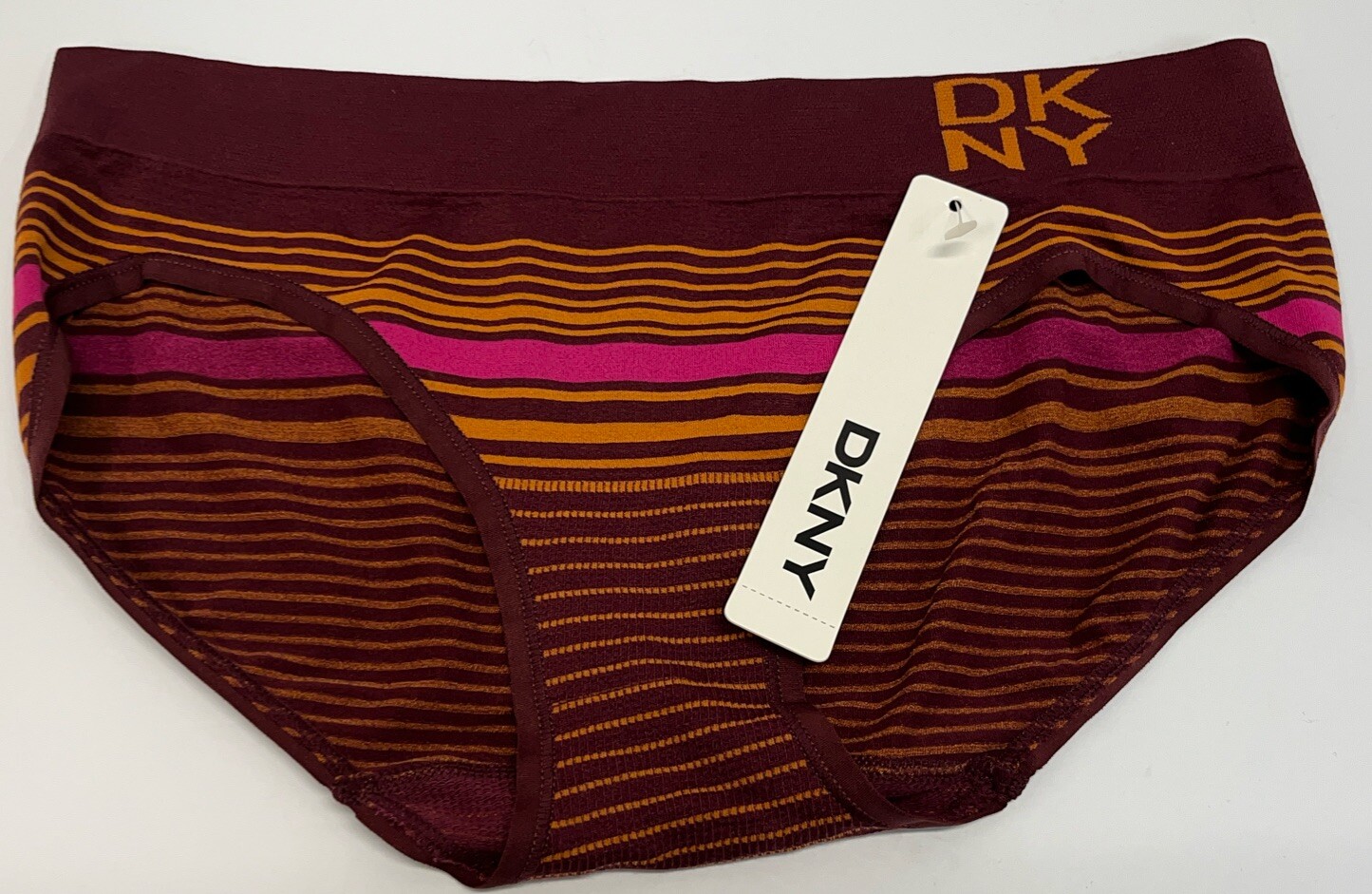 Vtg 2008 DKNY Low Rise No Line Striped Bikini Panty Womens Sz M Burgundy &Gold
