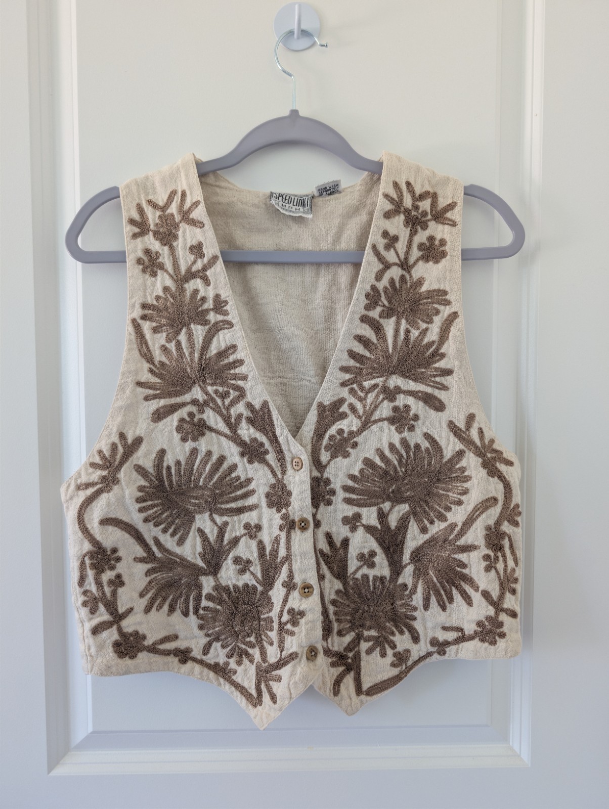 Vintage Speed Limit MPH Embroidered Cropped Vest | Boho Folk Cotton Size M