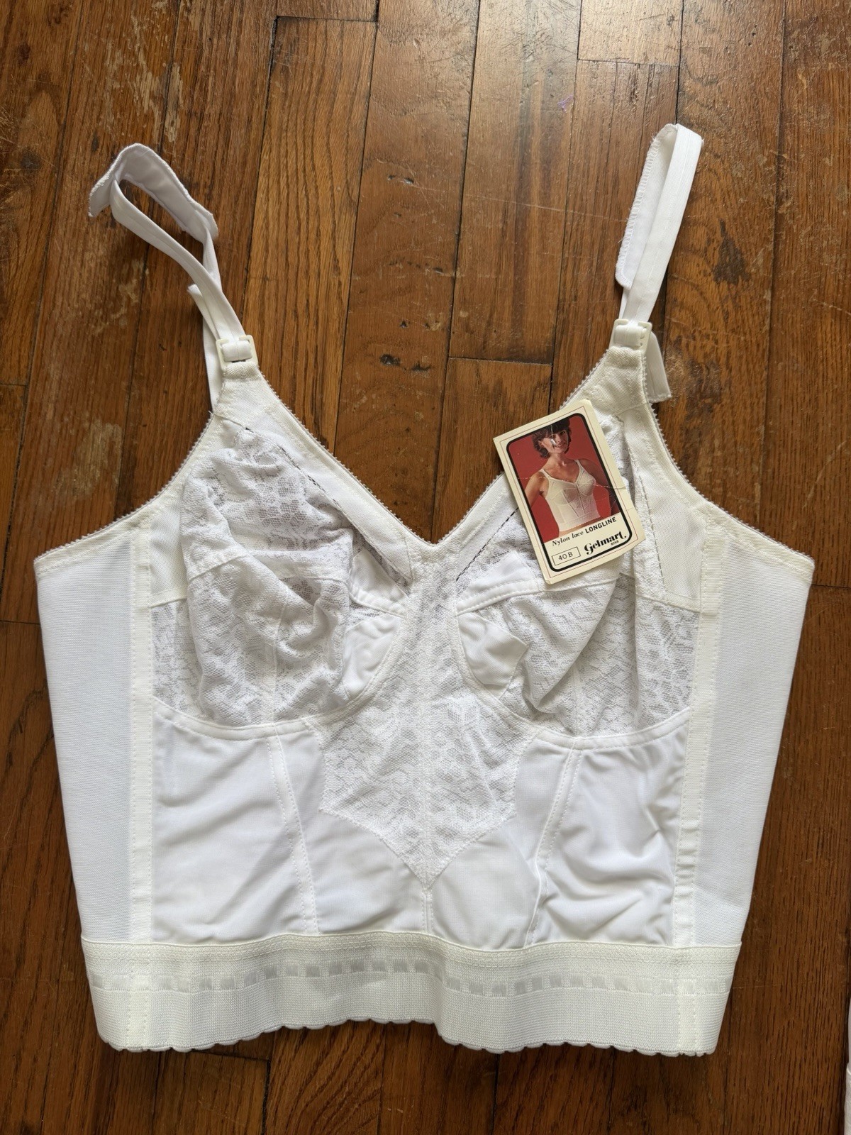Vintage 70s Gelmart Long Line Bra White Nylon & Lace Size 40B
