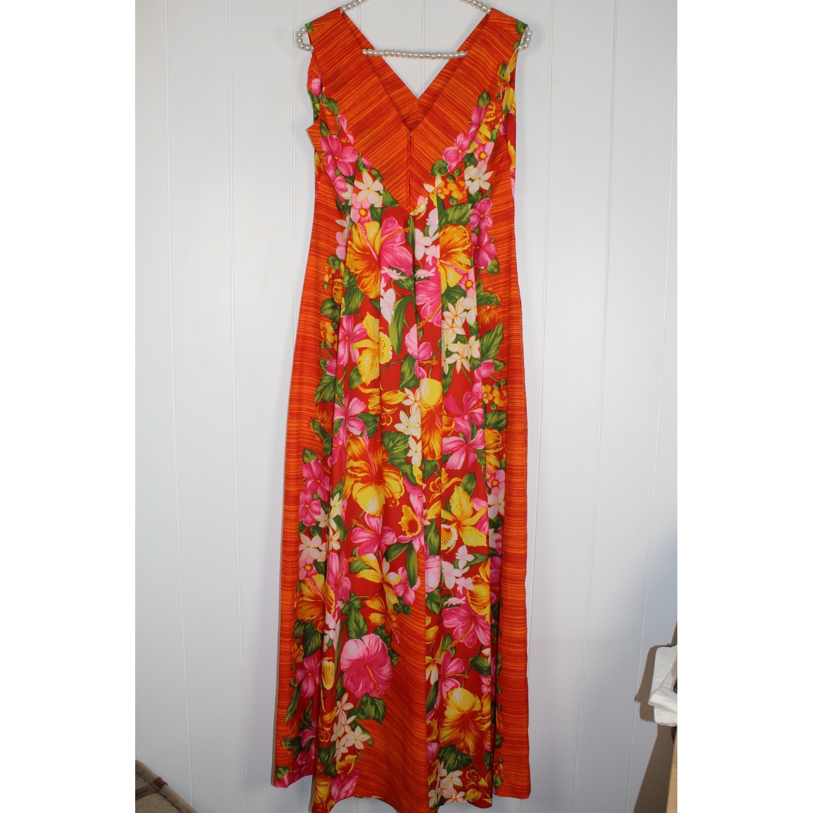 VTG Liberty House Hawaii Maxi Length Floral/Orange Dress V Neck Back Zipper 10