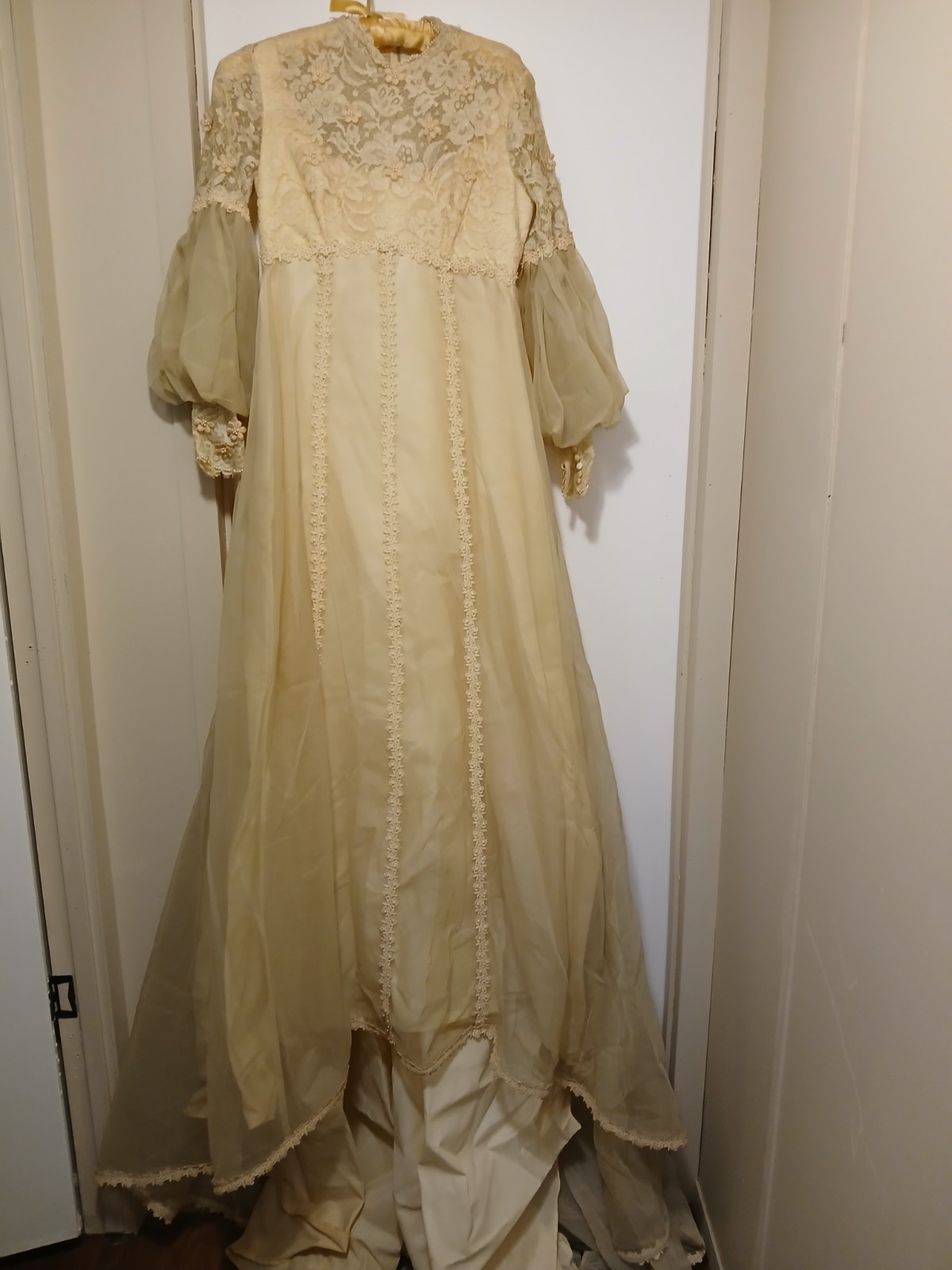 1960s- 1970’s Cream Wedding Dress, Long With Lace Edwardian Revival Style