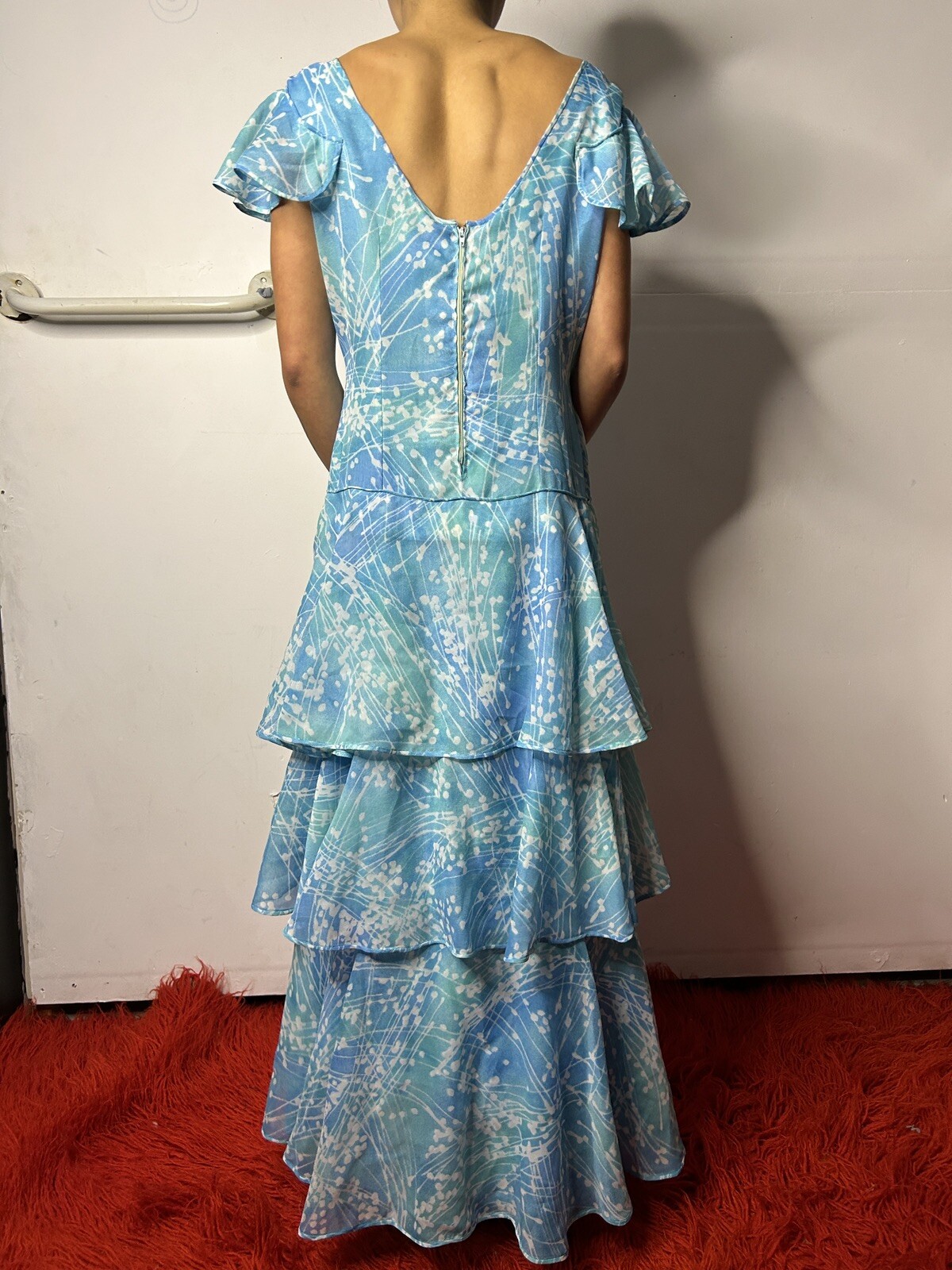 Vintage 1950s 1960s Handmade Tiered Gown Dress Blue Nylon Flutter Sleeves AU 8