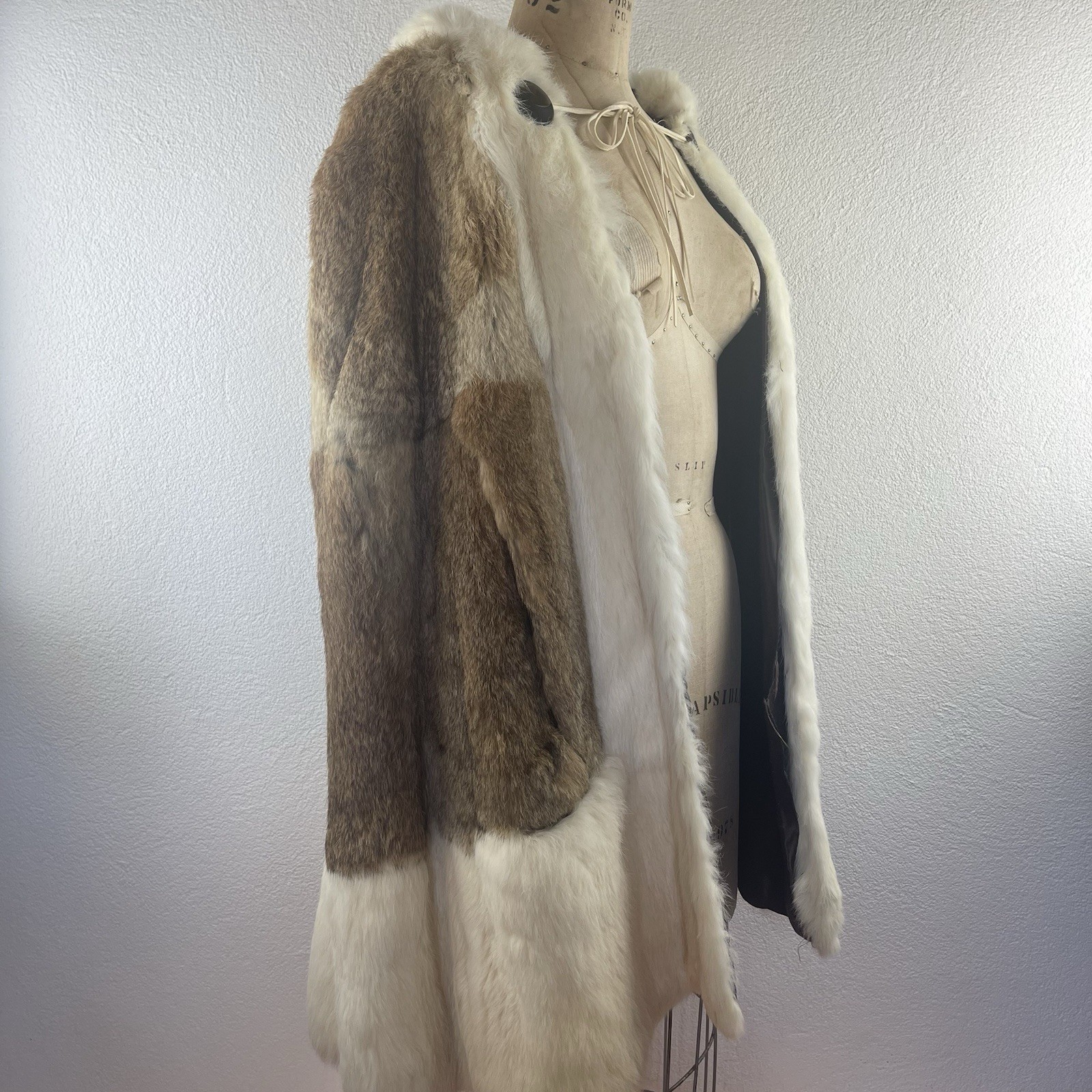 Vintage l 60s Mod Hippie Festival Two-Tone Rabbit Fur Pocket Hooded Cape Poncho