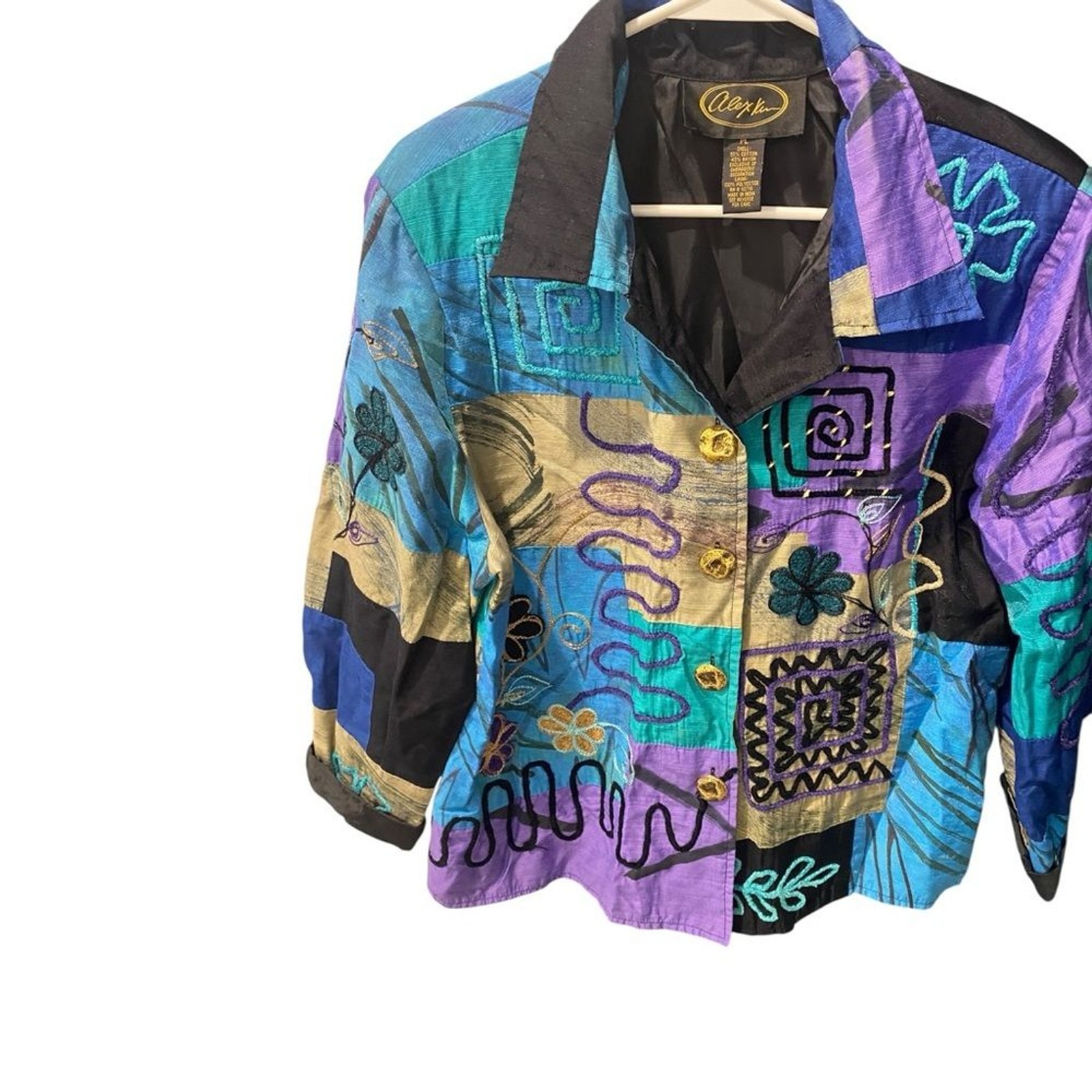 ALEX KIM Womens Artistic Patchwork Blazer 90s Vintage Cotton Rayon Size PL