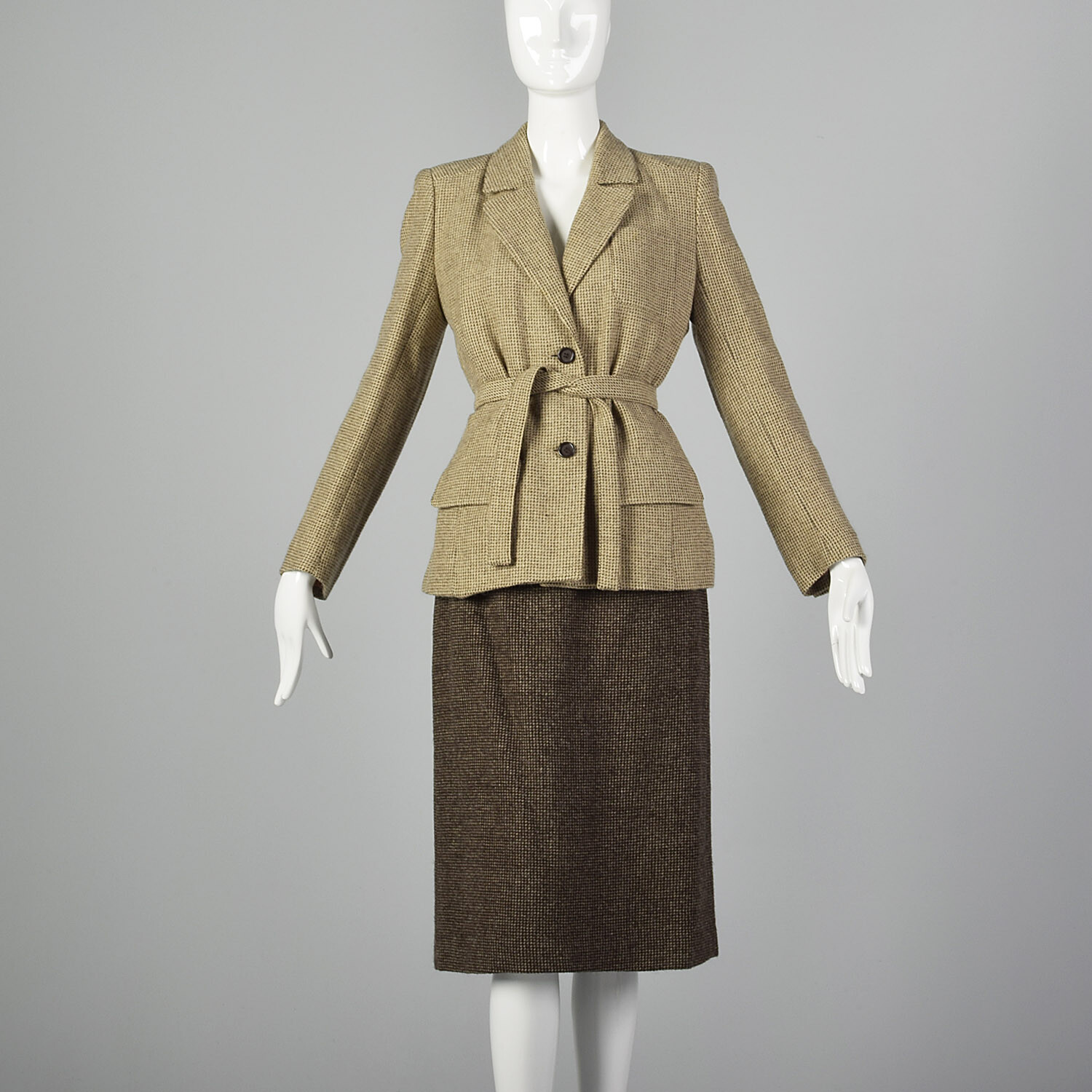 S Jean Louis Scherrer Boutique Brown Skirt Suit Tan Alpaca Tweed Blazer 90s VTG