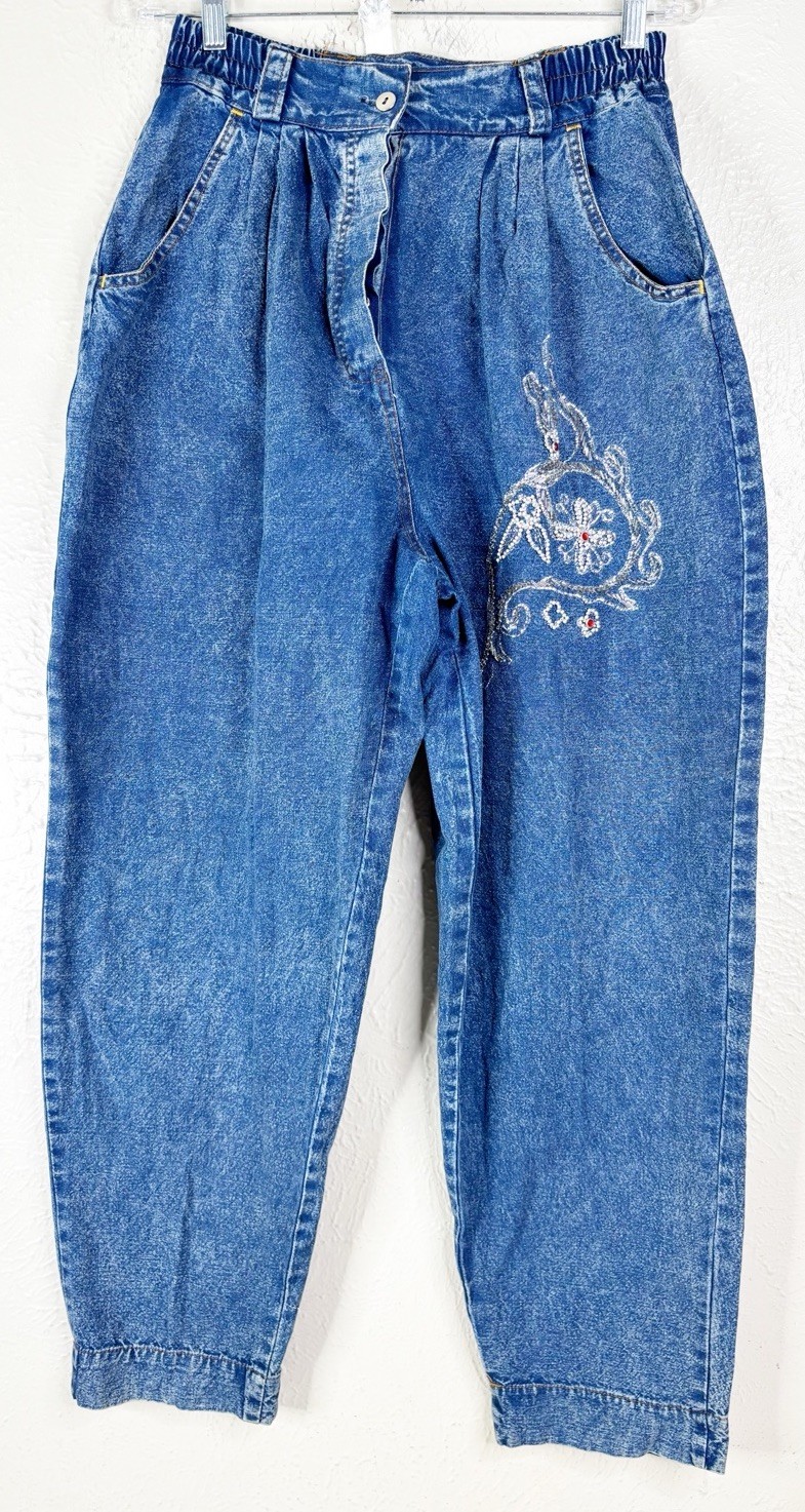 VTG Pretty Bleu Large Beaded Denim Button Shirt & Mom Jeans (26×26) Set GUC