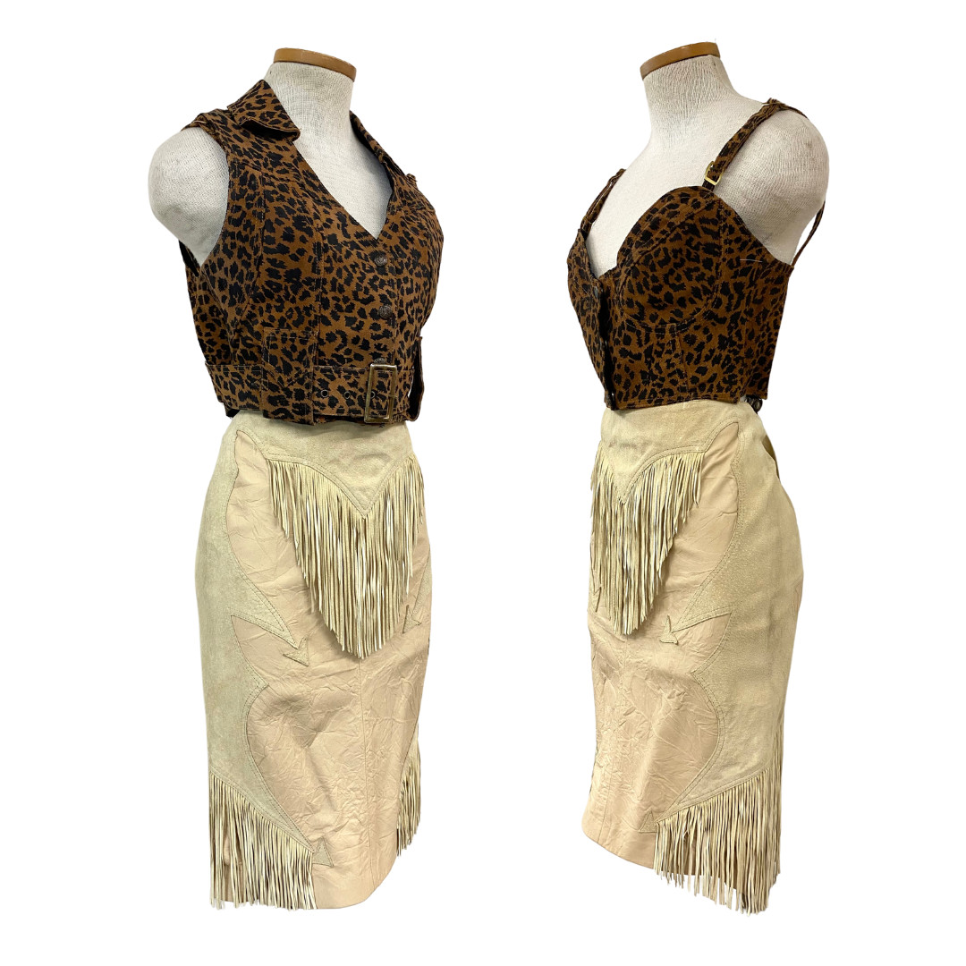 Vtg 80s 1980s Easy Rider Motorcycle Cheetah Print Bustier Cropped Vest Set