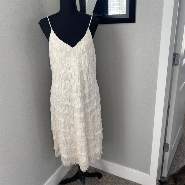 VINTAGE 70s Joy Stevens Ivory Fringe Flapper Gatsby Dress Sz 12