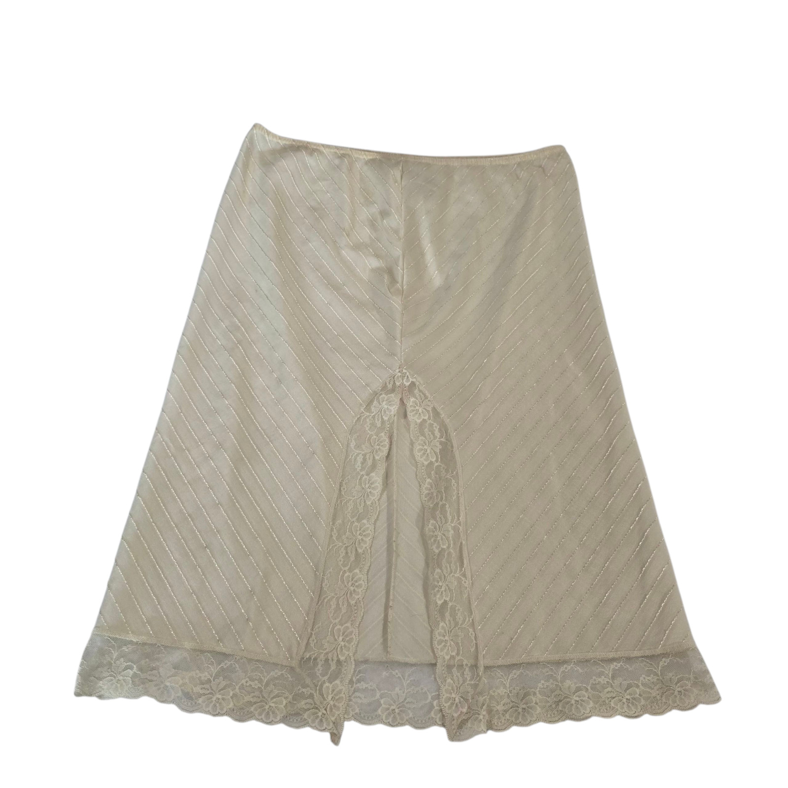 VTG Movie Star Slip Skirt Womens Cream S Polyester Elastic Waist Slit Lace Trim
