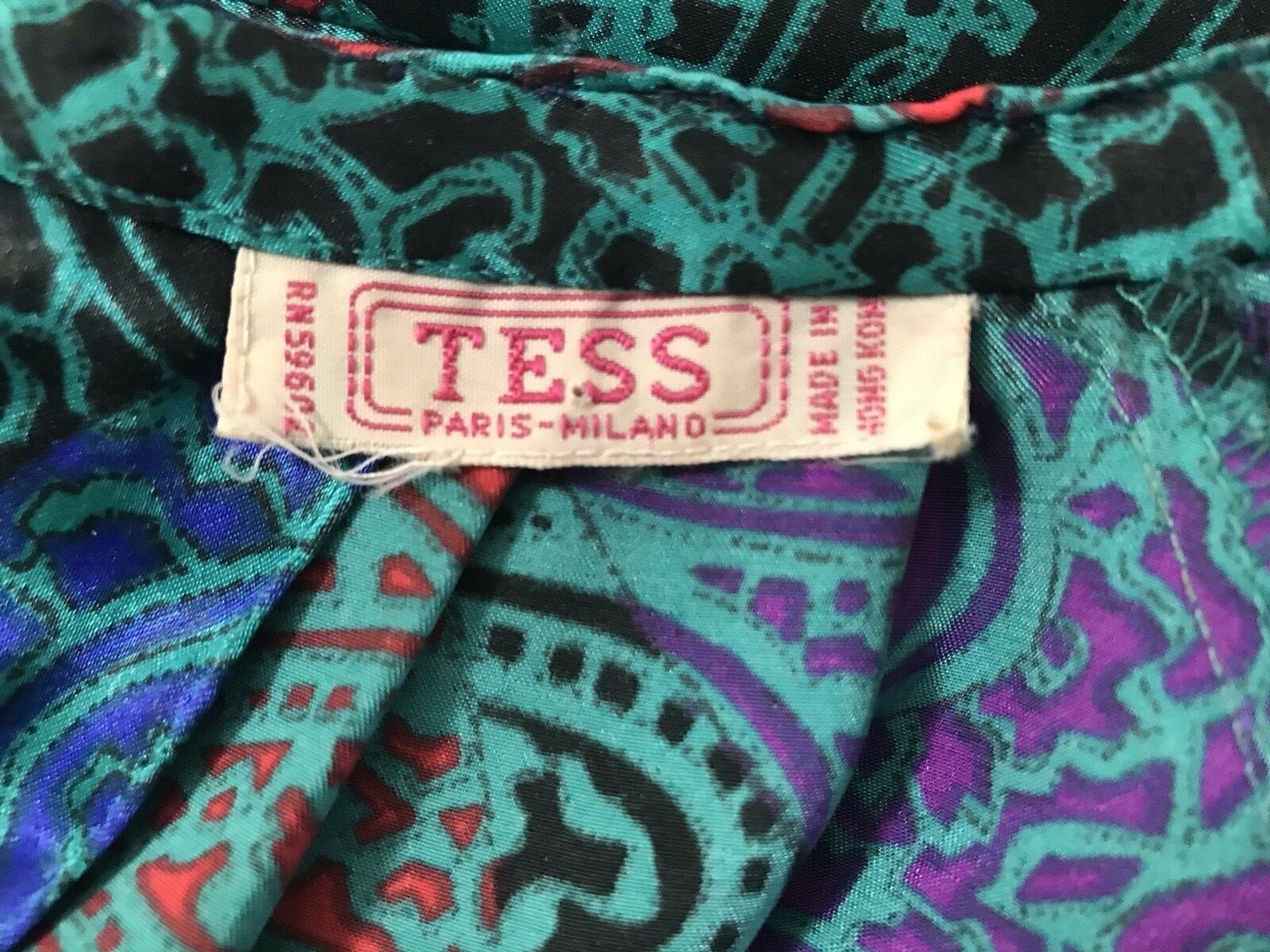 Vintage TESS Blue Paisley Pleated Satin Cropped Blouse S/M Top Twee