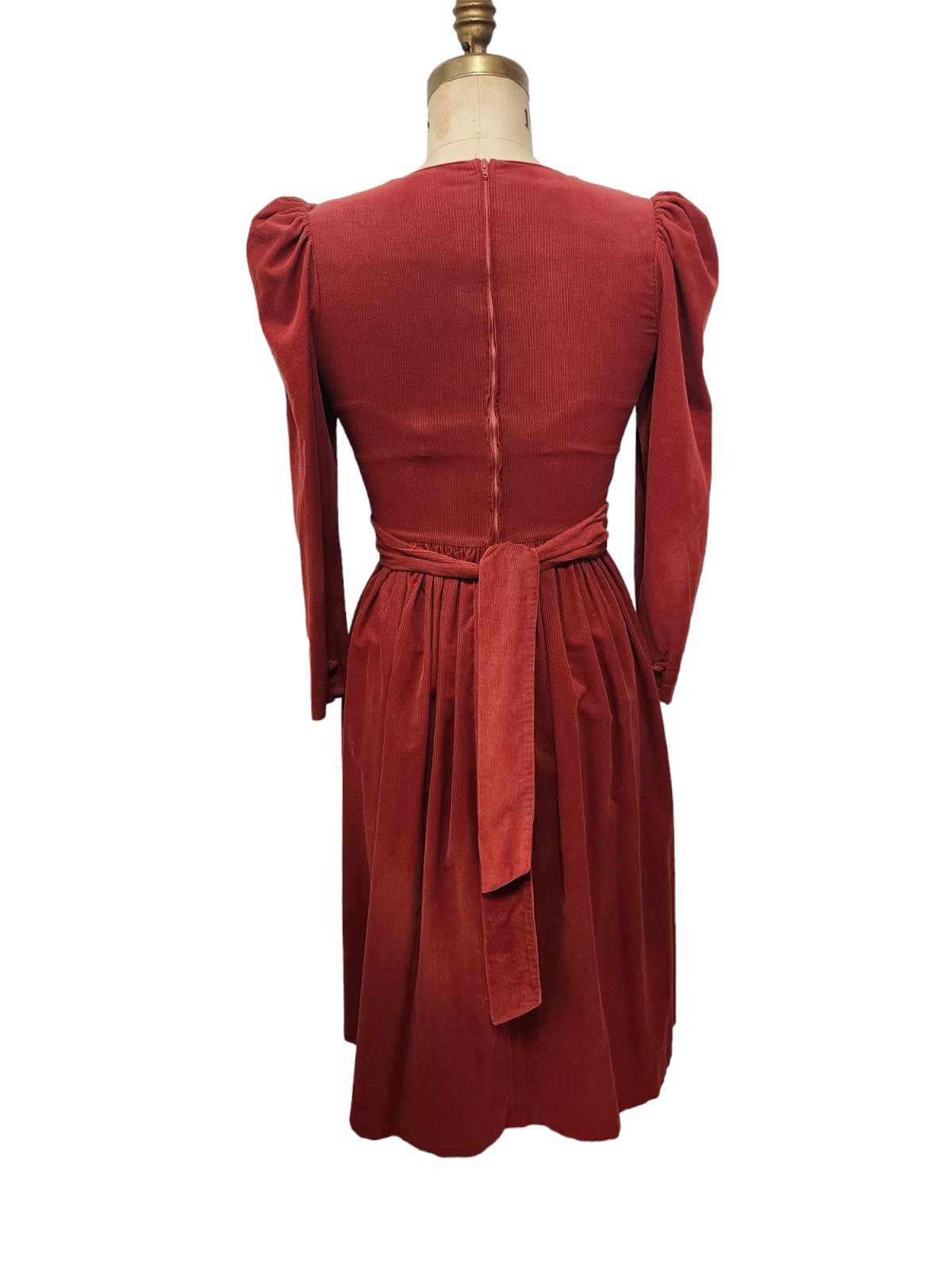Vtg 80s Laura Ashley Dress Corduroy Orange Puff Sleeve Pockets Belt UK 10/US 6