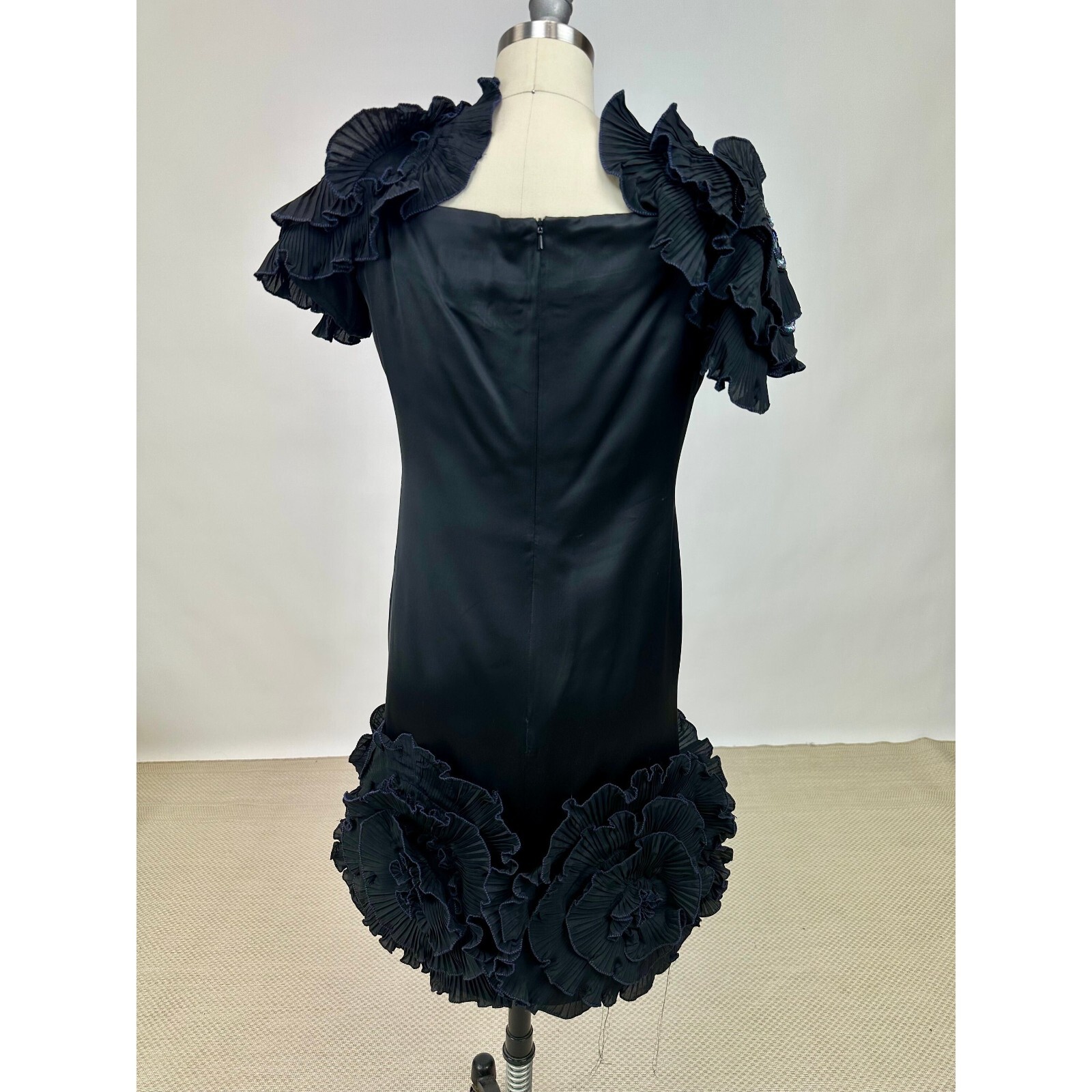 Vintage 1980s Designer Zandra Rhodes Black Dress with Elaborate Ruffle Details