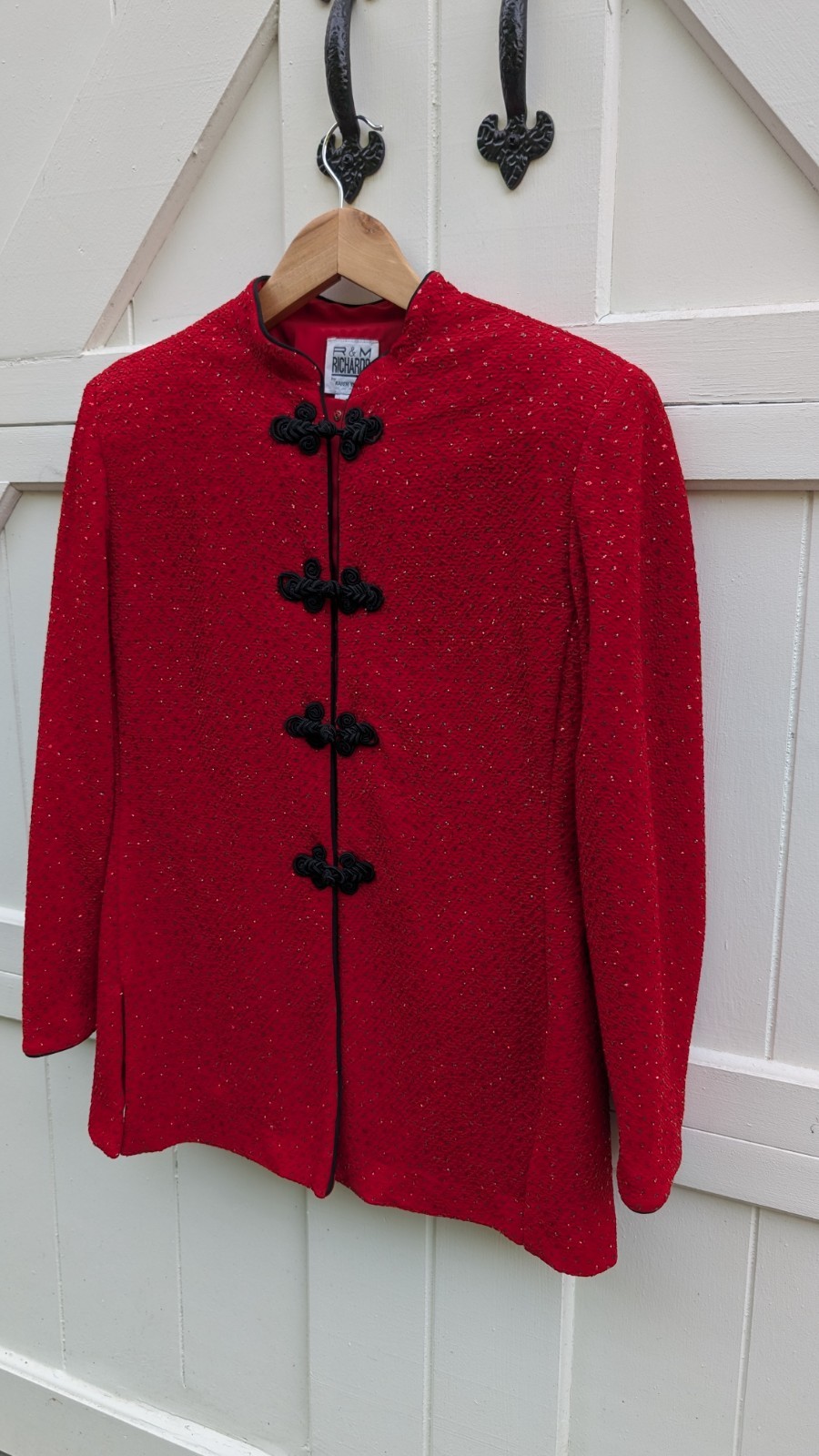 Vintage 90s R&M Richards Red Glitter Mandarin Collar Frog Closure Jacket (14P)