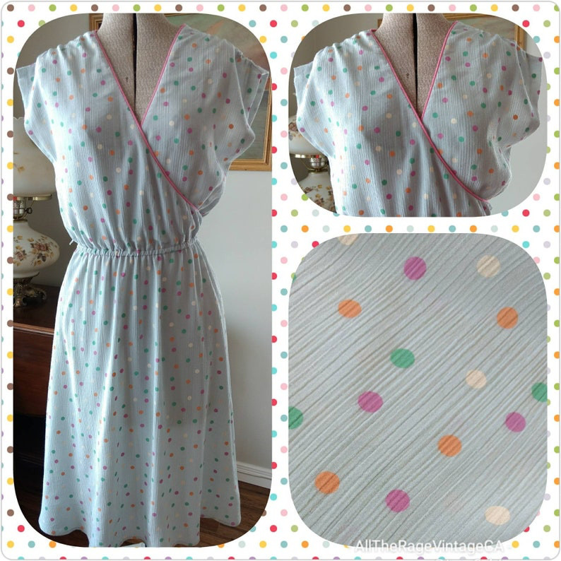 Vintage 80s Polka Dot Dress Gray Pink Green Orange White Crossover Bust