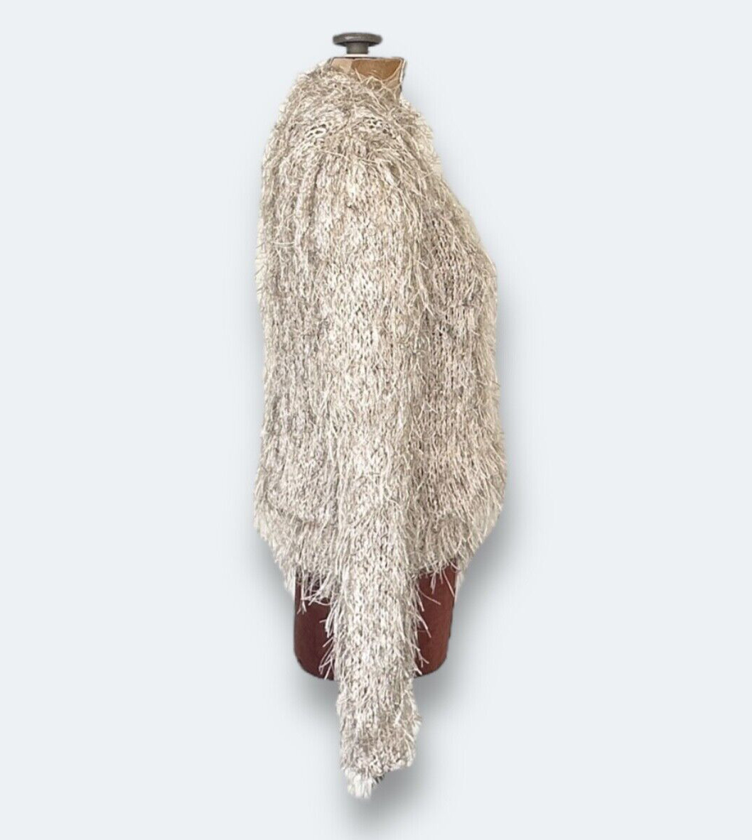 Estelle Womens Crochet Sweater Size Medium Vintage Fuzzy Beige Fringe Sweater