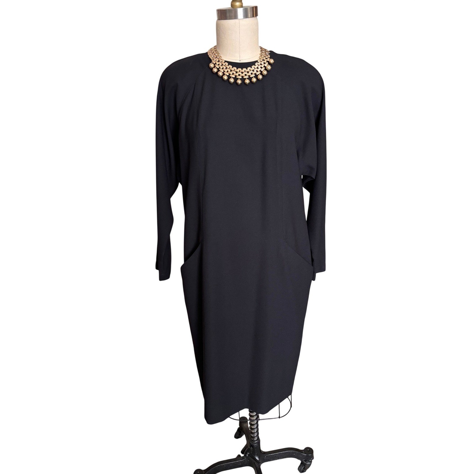 Liz Claiborne Vintage Button Back Shift Dress Womens 8 Black Long Sleeve Pockets