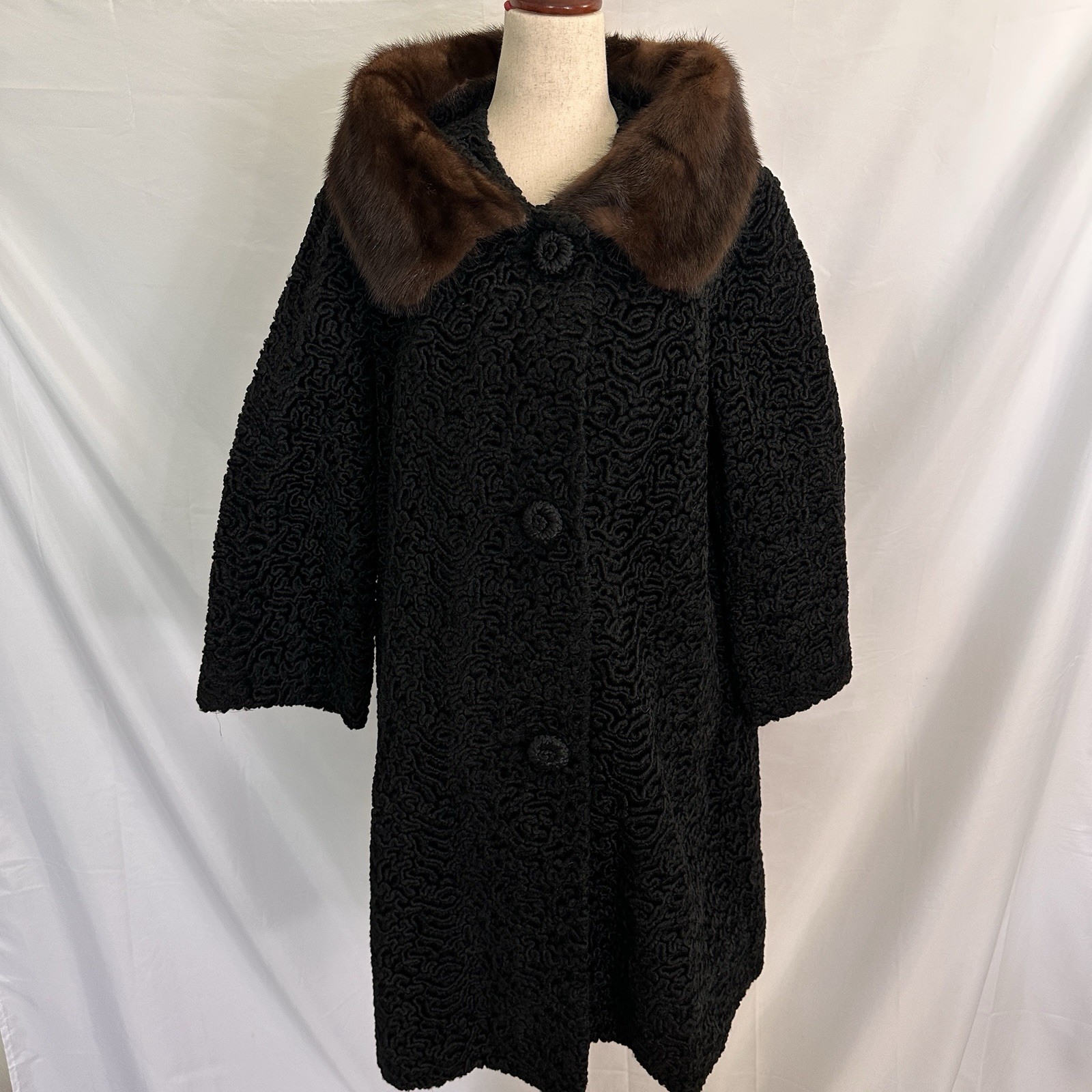 60s VINTAGE Astrakin Black Curly Lamb Coat Mink Collar L/XL Womens
