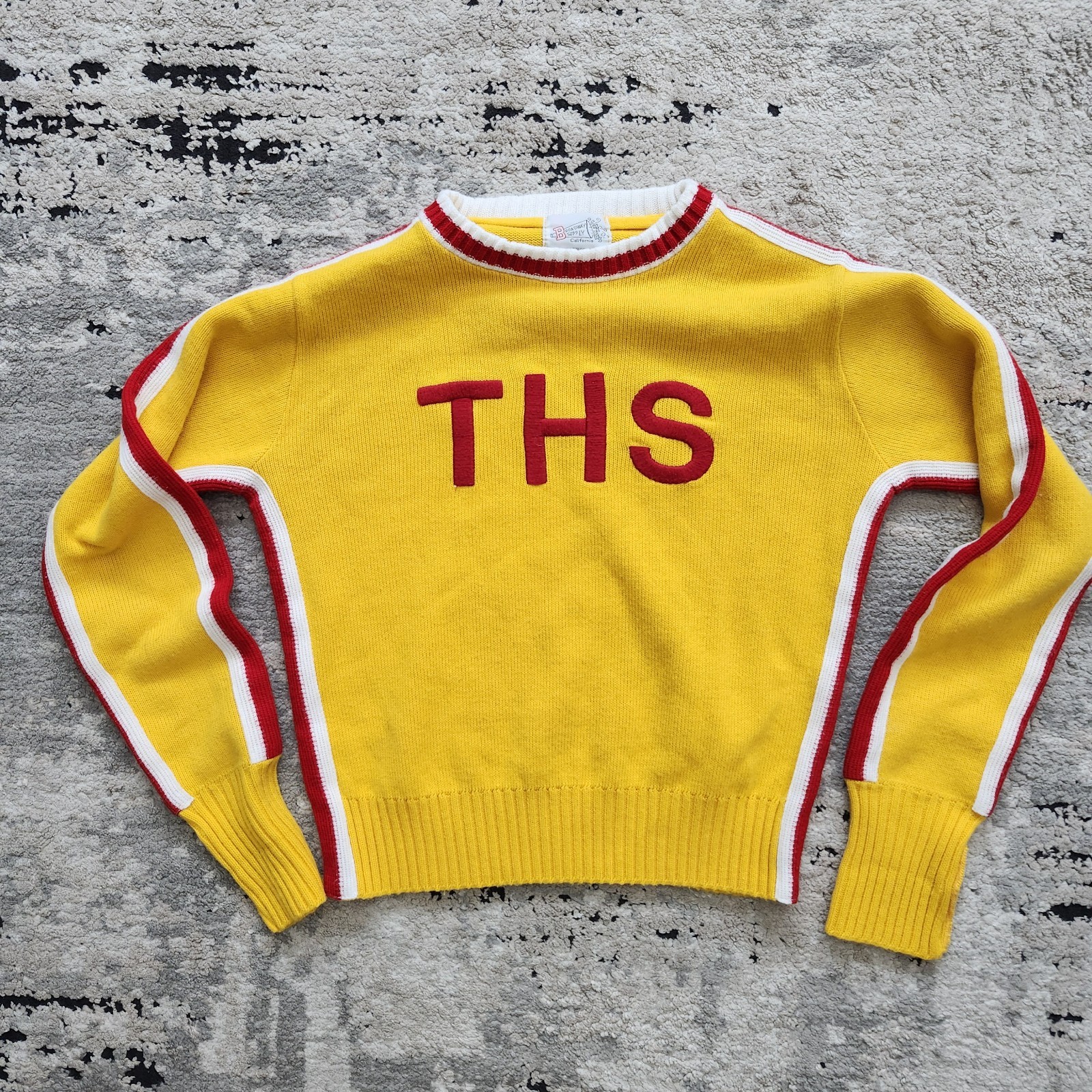 Vintage 70s THS Cheerleading Sweater Yellow Red White Knit Letterman USA Made S