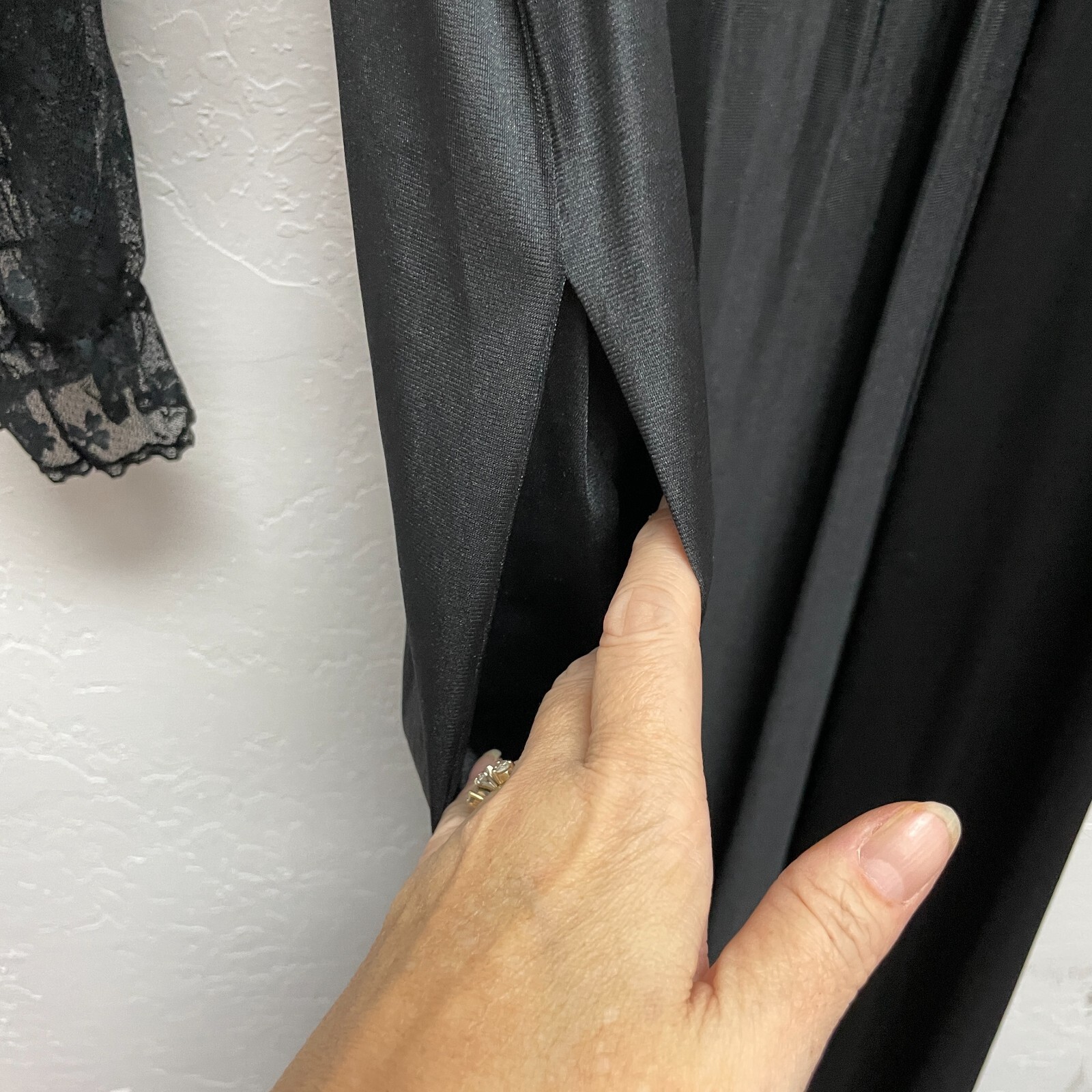 Vtg Jolie Two Nylon Hostess Robe JC Penney Sheer Lace Sleeve M Ruffle Long Black