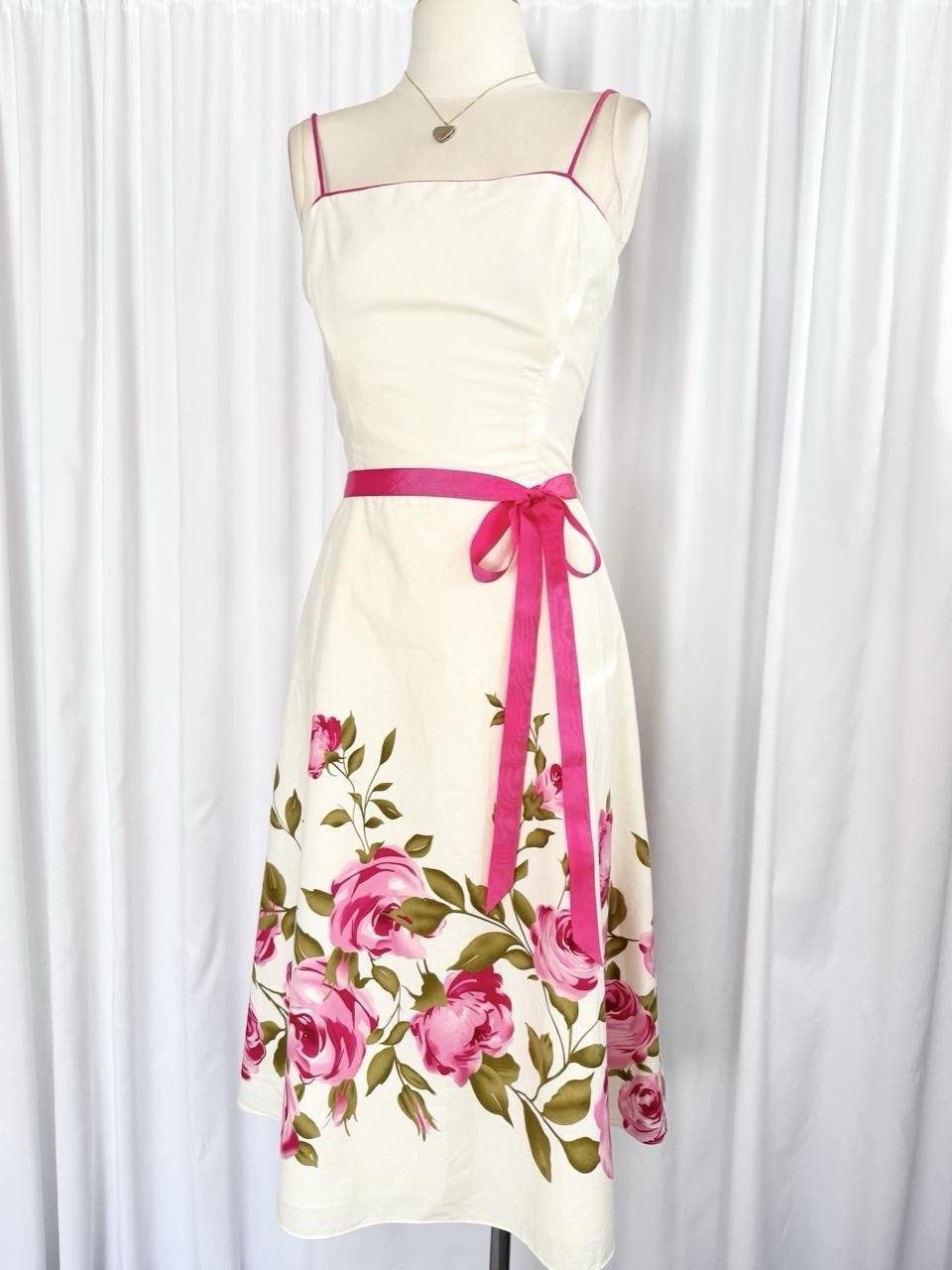 Vintage Y2K White Pink Rose Fairy Bow Slip Midi Dress Gown A Line Size Medium 10